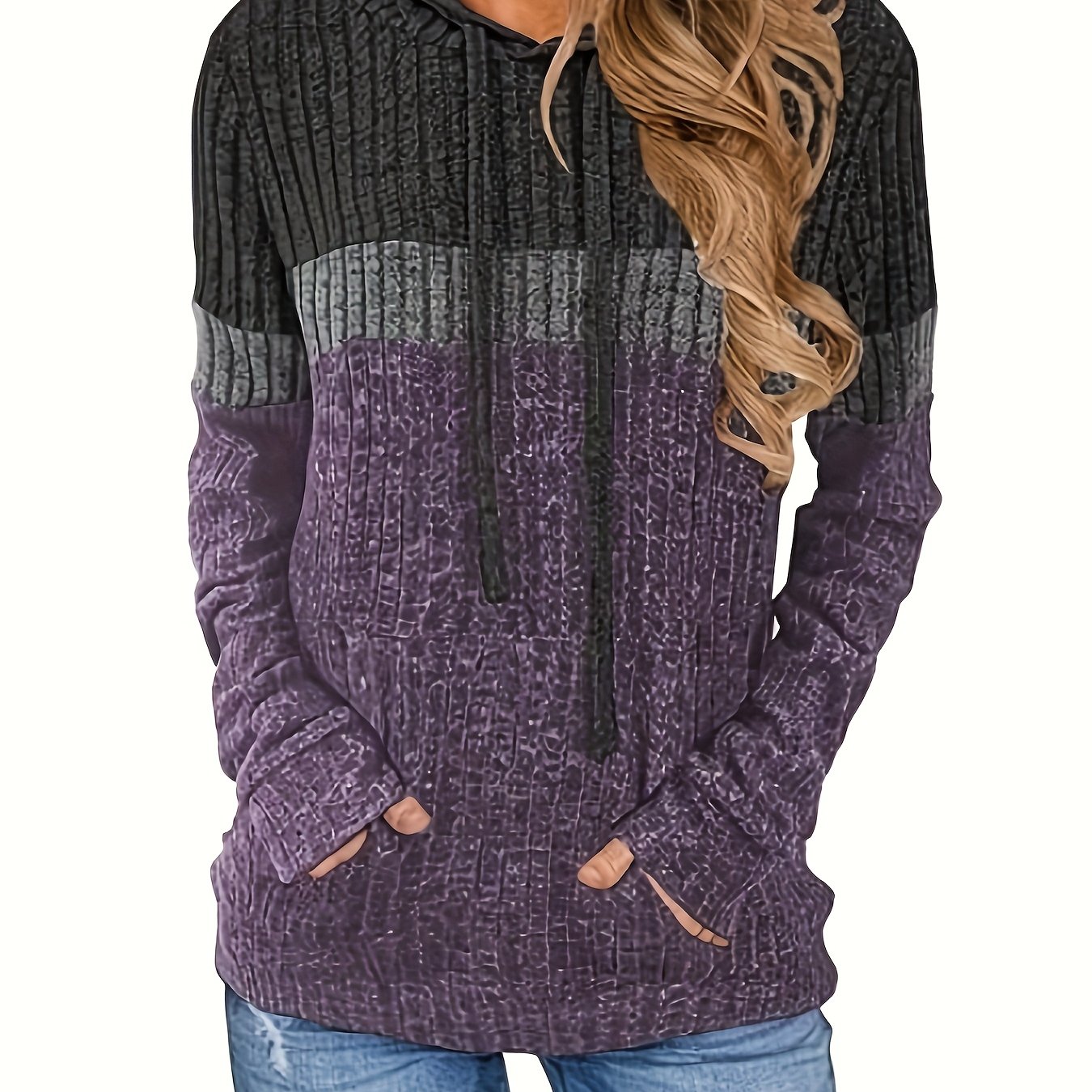 Spring Women's Ribbed Hooded Color Block Long Sleeve Pocket T-shirt Sweatshirt
