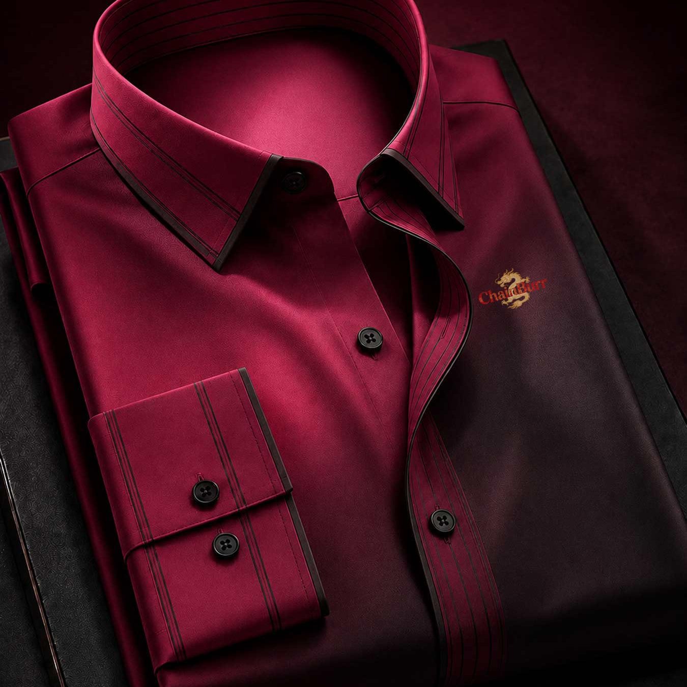 Image of Summer 's Dragon Print Doublebutton Collar Longsleeve Shirt Elegant For Formal Business Meetings And Wedding Parties., Plus Size