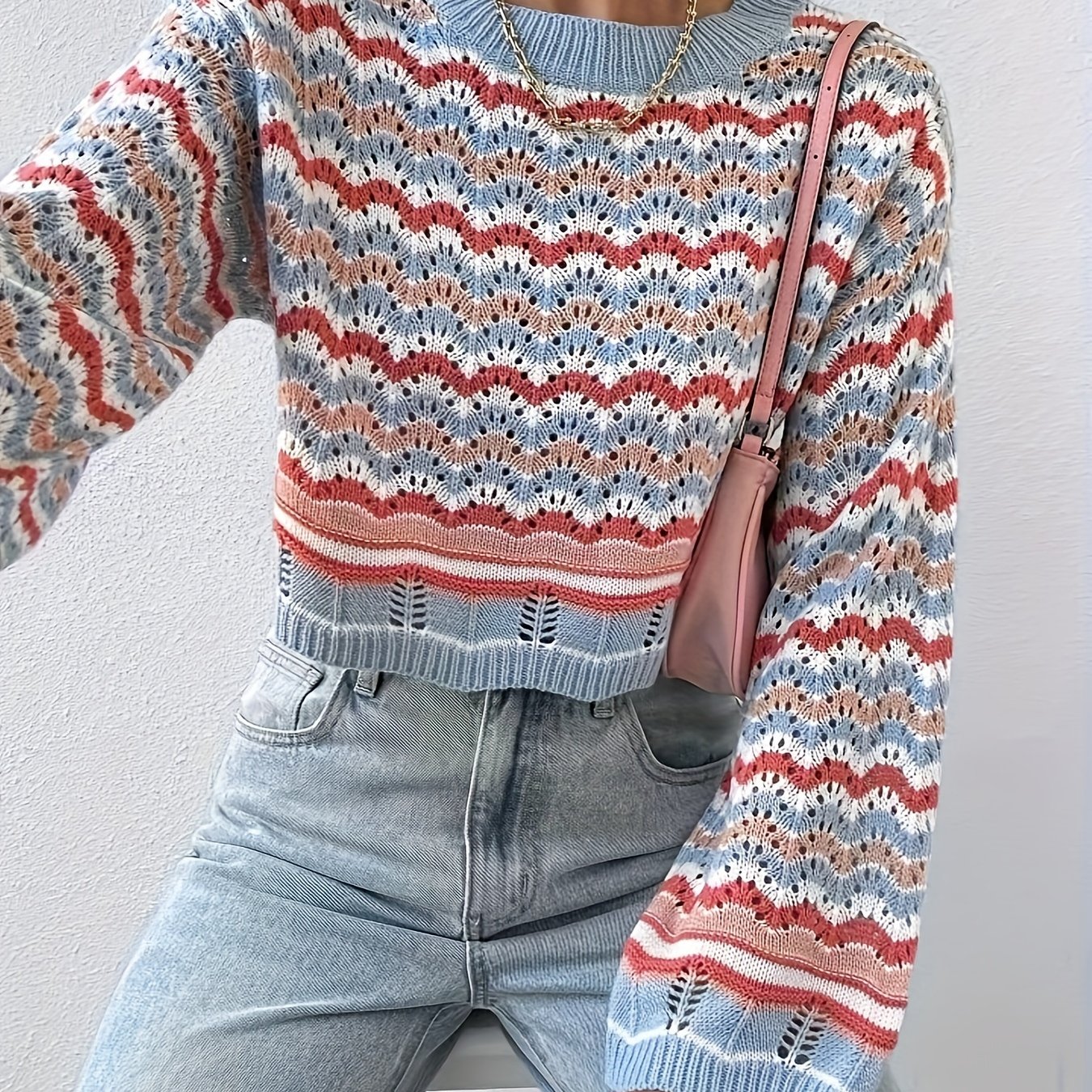 Image of Women's Vintage Fish Scale Color Block Sweater - Four-color Contrast Long Sleeve Hollow-out Round Neck Cropped Top, Four-season Casual Classic Knitwear