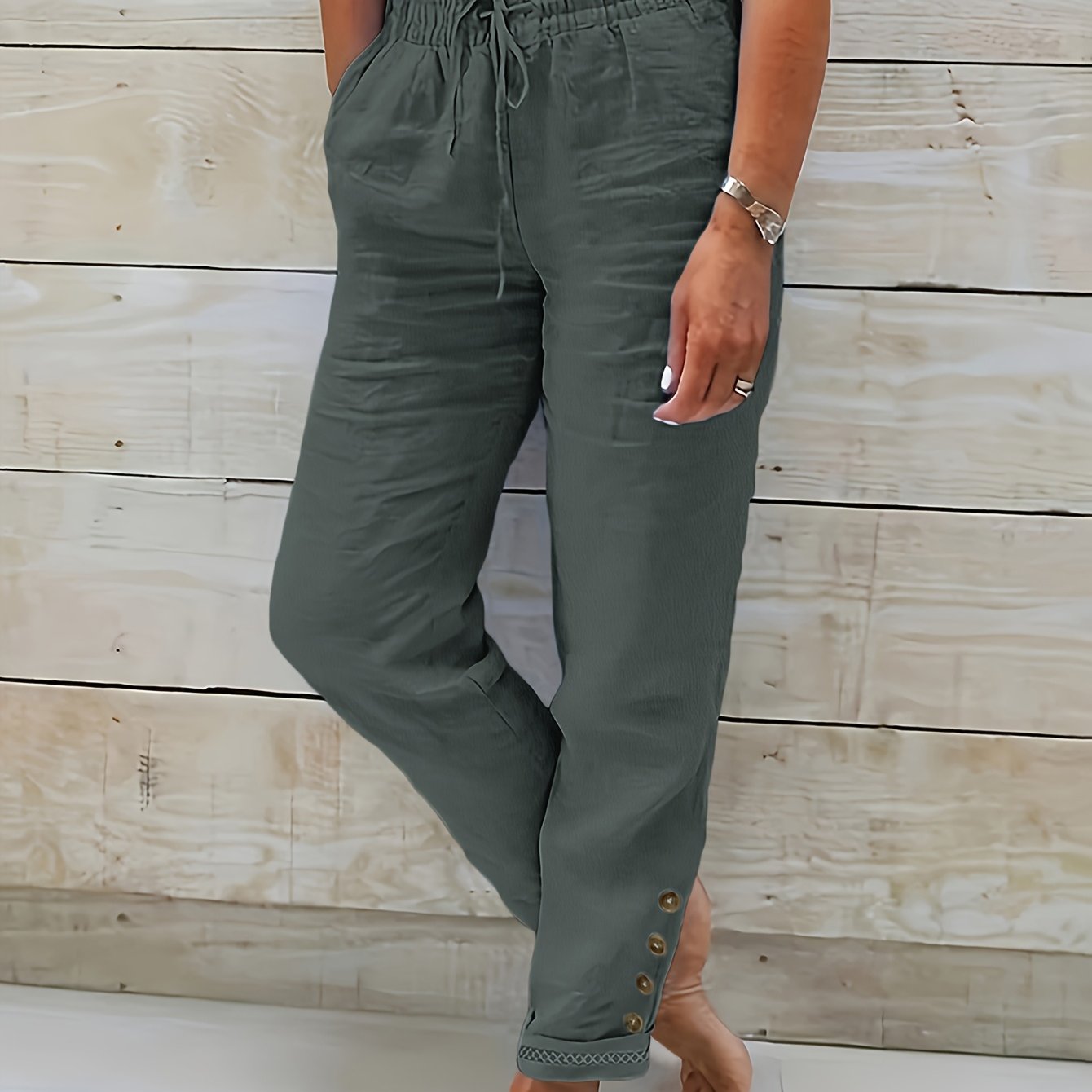 TEMU Women's Casual Straight-leg Pants With Decorative Buttons & Drawstring Waist - Solid Color Non-stretch Fabric, Machine Washable Trousers For
