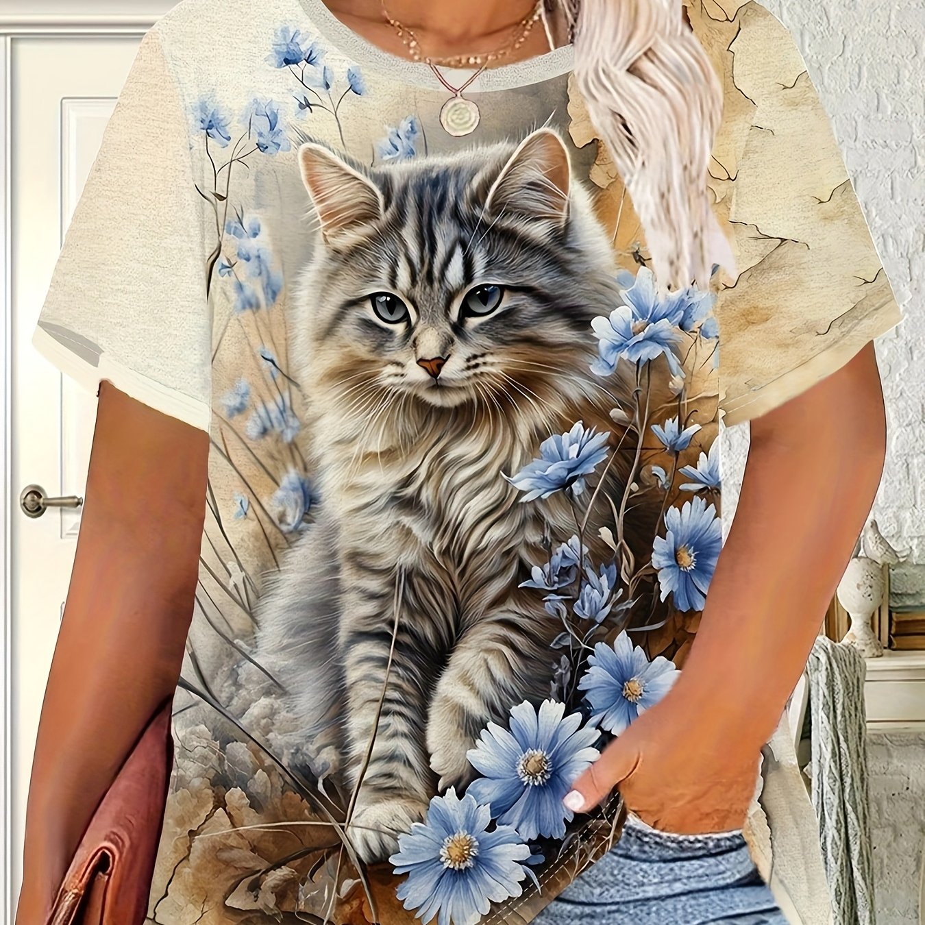 TEMU Women's Vintage Cat & Blue Floral T-shirt - Gray Striped Short Sleeve Tee With Distressed Retro Print, Breathable Casual Blousewear Suitable For