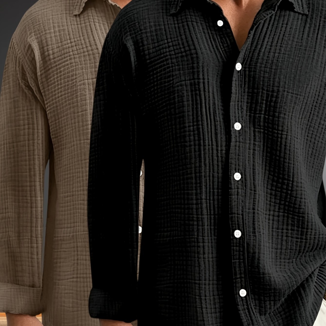 Image of 2-pc Men's Button- Shirts Long Sleeve Gauze Shirt Crinkle Textured Collared Work Shirts Blouse Dressy Casual Tops For Fall Autumn Fashion Beach Shirt Sport Outdoor Tops