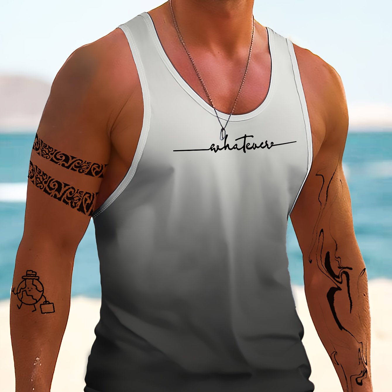 Image of Men's Hawaiian Style Sleeveless Tank Top With Tropical Beach Gradient 3d & Contrast Color Blocking - Breathable Stretch Fabric, Regular Fit H-silhouette For Gym, Vacation, Outdoor & Casual Wear