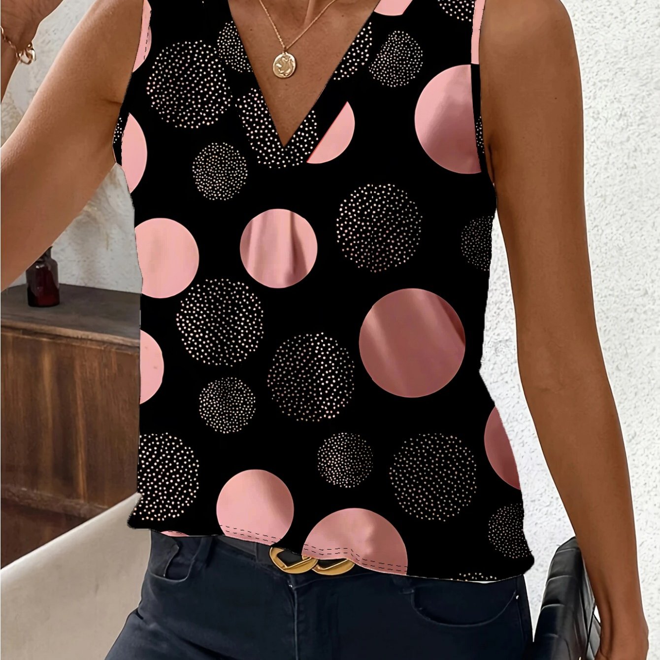 Image of Plus Size, Niche Design Polka Dot Color-blocking, Elegant Plus-size Summer Women's Tank Top, Geometric Stretch V-neck Top, Comfortable And -size Women's Tank Top