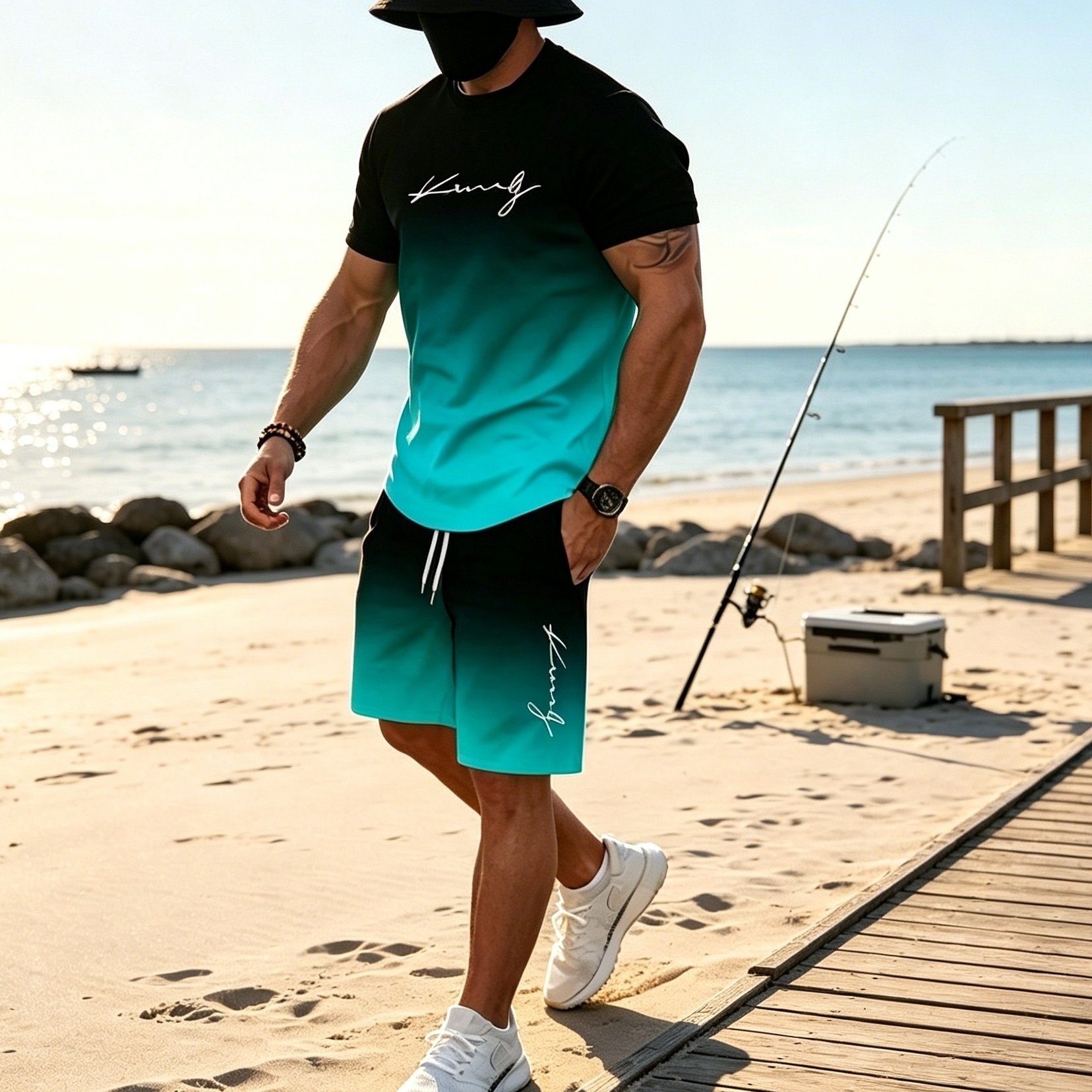 TEMU Men's 2pcs Sports Suit, Gradient Letter Print Round Neck Short Sleeve T-shirt And Shorts Set, Comfortable, Breathable, And Casual Wear, Suitable