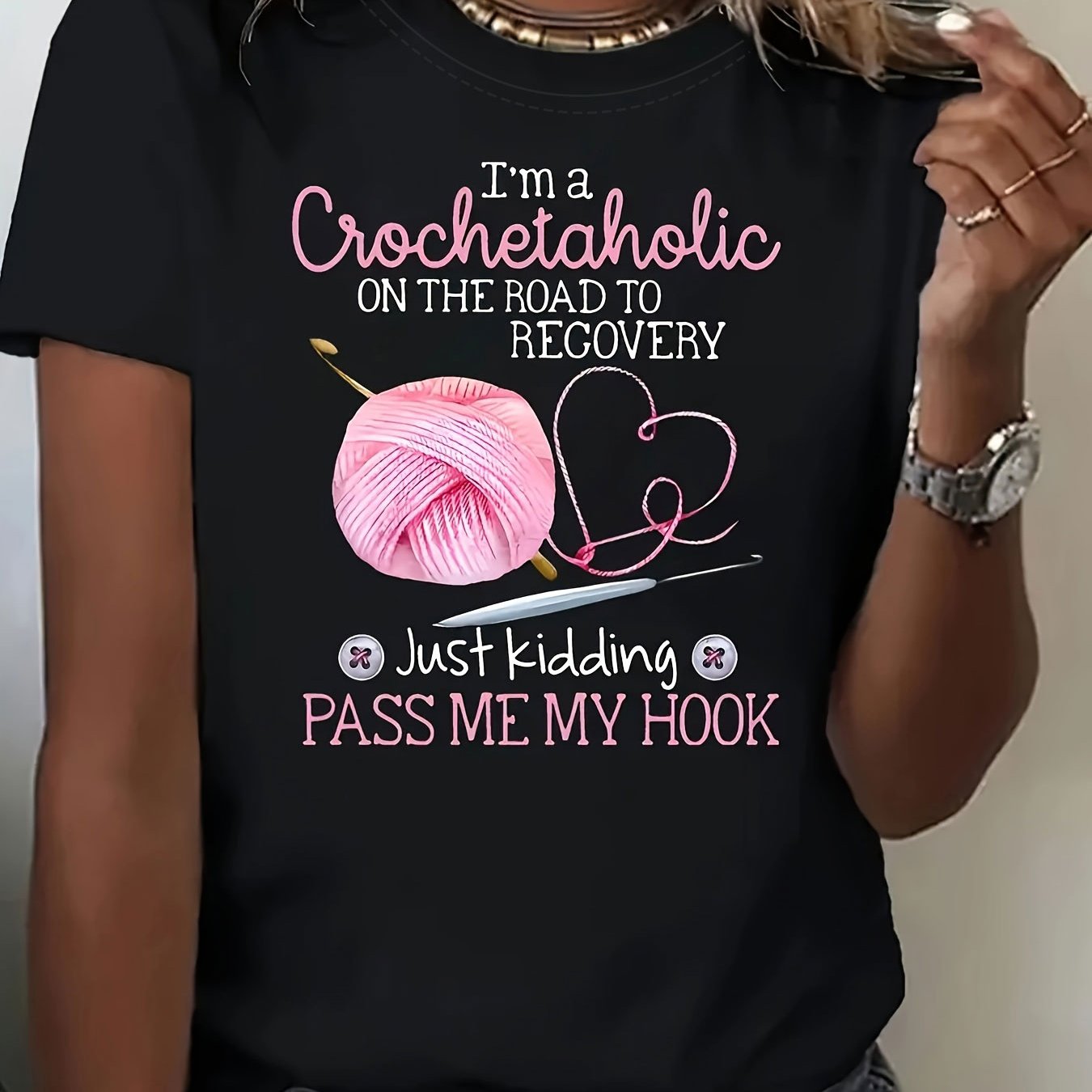 TEMU Plus Size, Crochet Lover Is Self Deprecating Handmade Fun Letter Print Plus Size Women's T-shirt, Short Sleeve Crew Neck Casual Top For Summer &