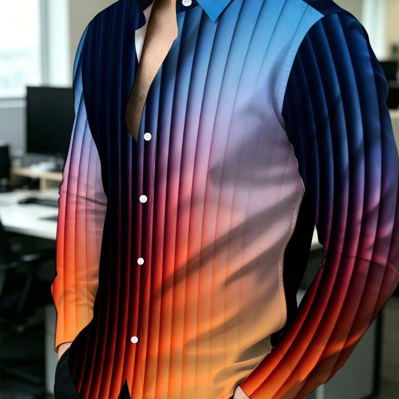 TEMU Men's Gradient Vertical Stripe Long Sleeve Shirt Business Casual Slim Fit Turn Collar Button Up Shirt Comfortable Top For Office Daily Wear
