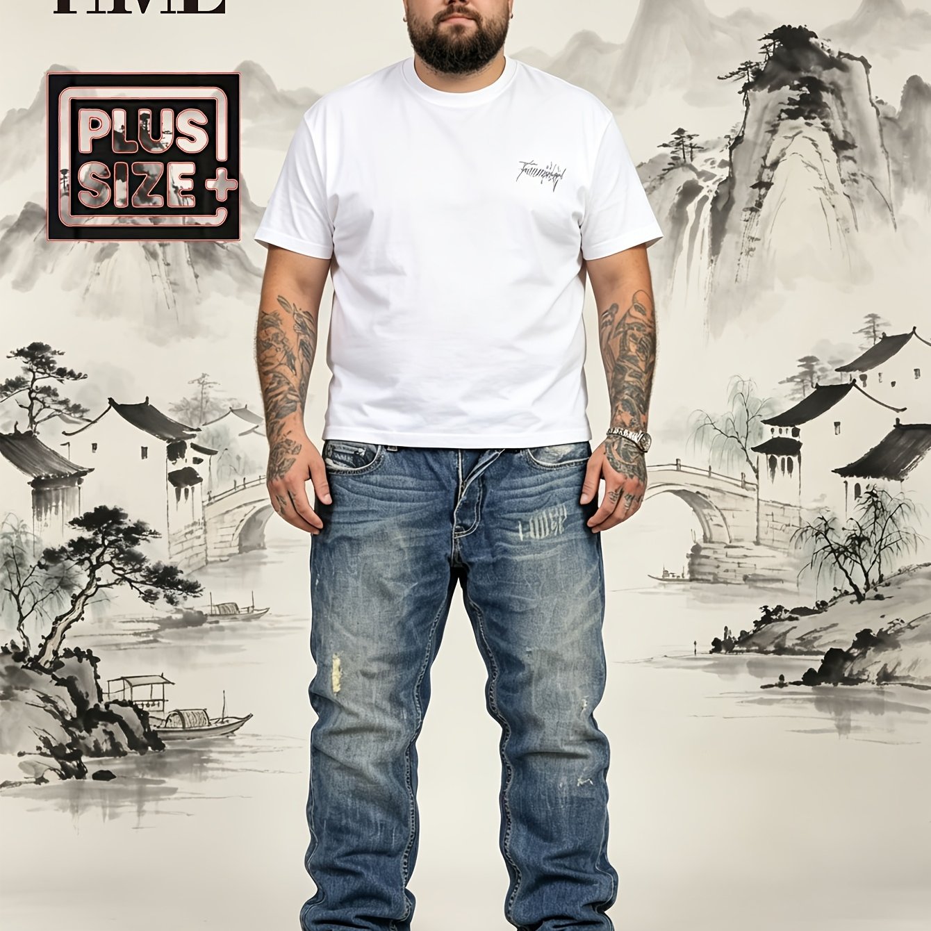 TEMU Hme Street Plus Size Men's Retro Washed Blue Jeans, Distressed Denim Trousers, Straight Loose Fit, Elastic Comfortable And Not Tight, Street