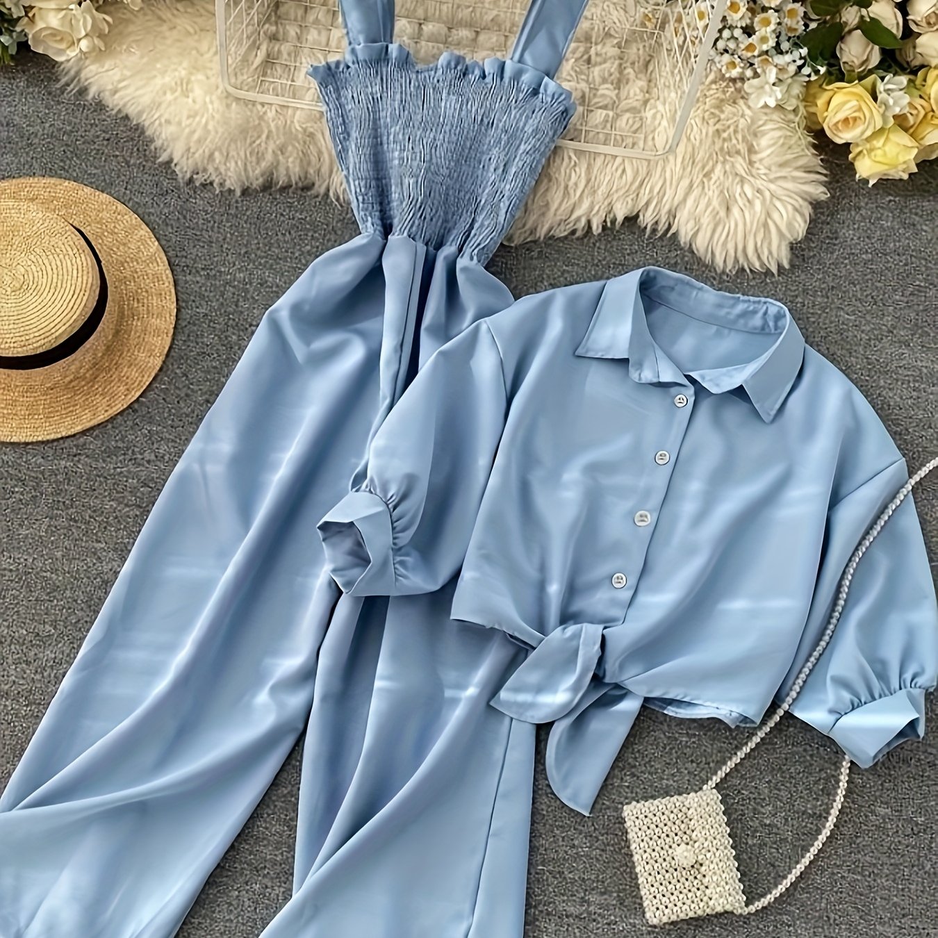 TEMU Fashion Solid Color Two-piece Set, Wide-leg Jumpsuit + Knotted Shirt For Spring Summer Autumn