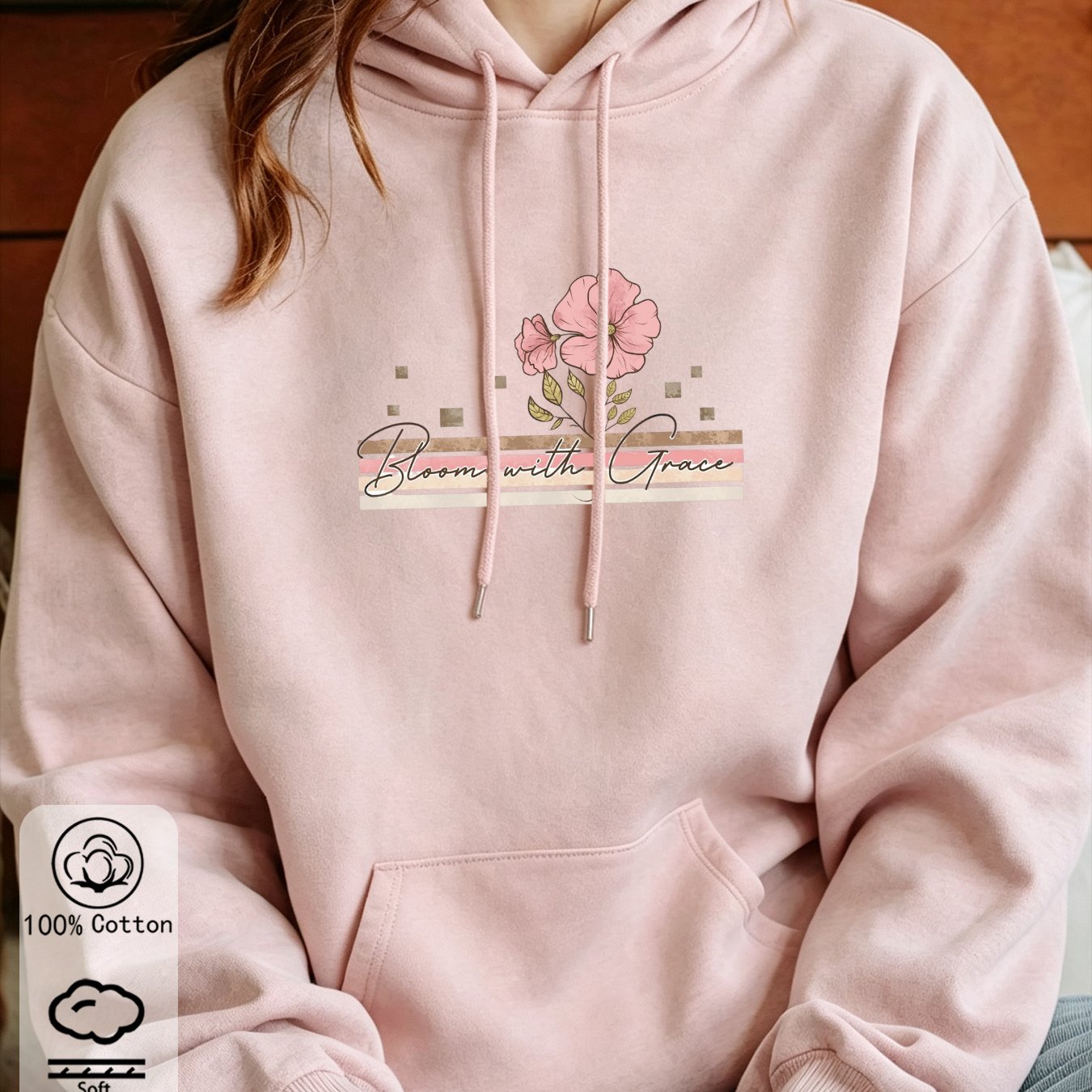 Image of Fall Women's Stylish Loose-fit Drop-shoulder Hoodie, Floral Print With Letter Accents, Pullover, Perfect For, Casual Pocket Drawstring Jacket, Great For Daily Wear