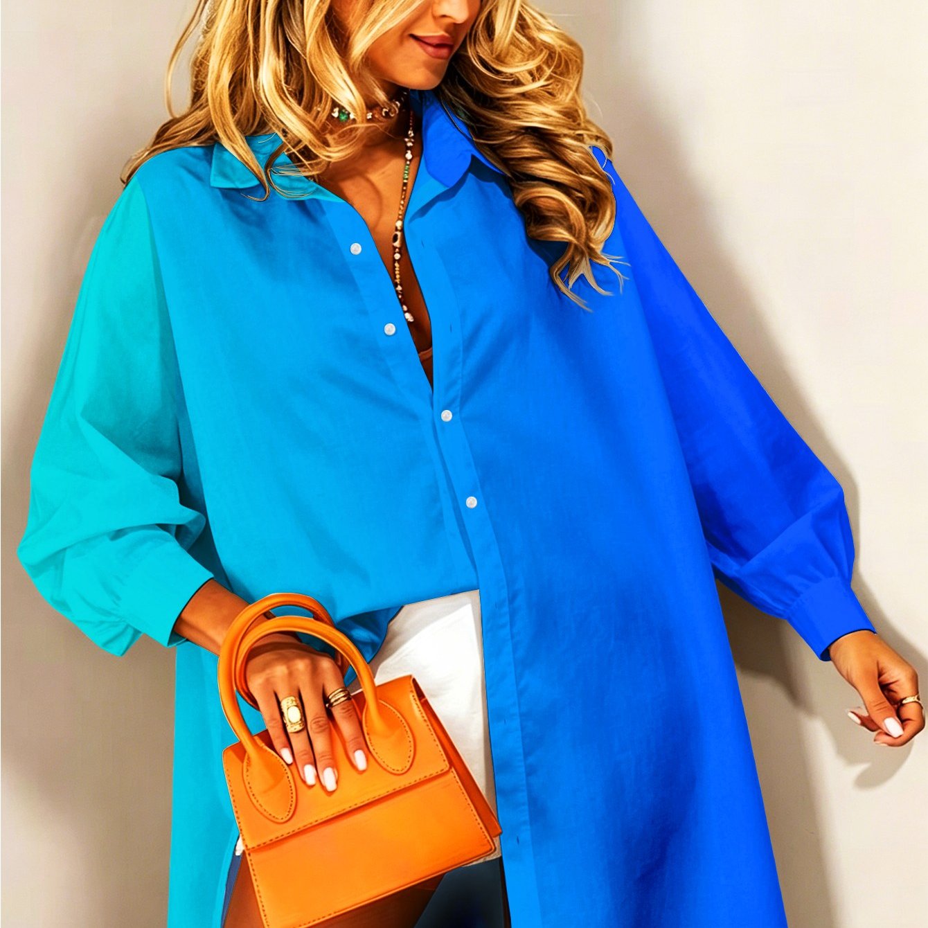 TEMU Women's Casual Colorful Printed Design Long Sleeve Shirt Dress, Gradient Background, Easy And Elegant Print, Long Sleeve Collar Casual Vacation