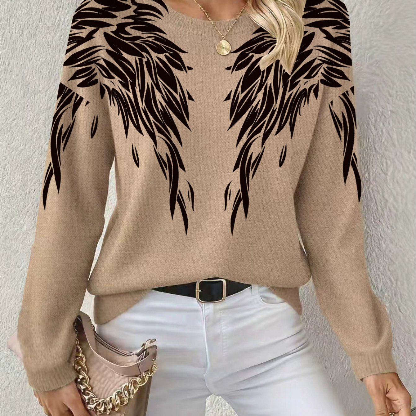 TEMU New Autumn/winter Women's Round Neck Sweater With 2d Print, Soft And Comfortable Material For And . Elegant Fit, Layered With A High-neck Base