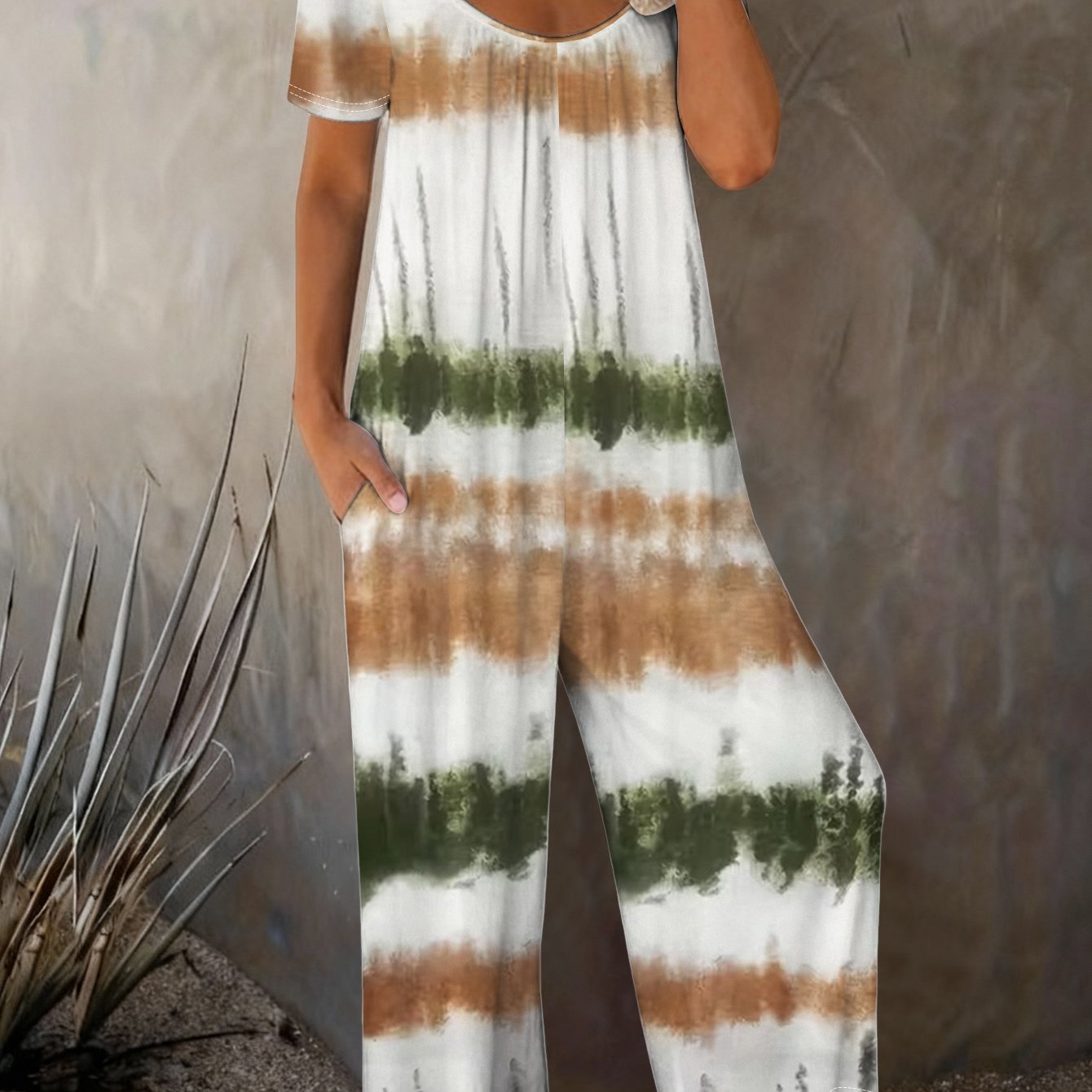 TEMU Elegant Women's Jumpsuit With Colorblock Print, Loose Casual Round Neck Pocket Short Sleeves Jumpsuit, Spring/summer Versatile Wear With , ,