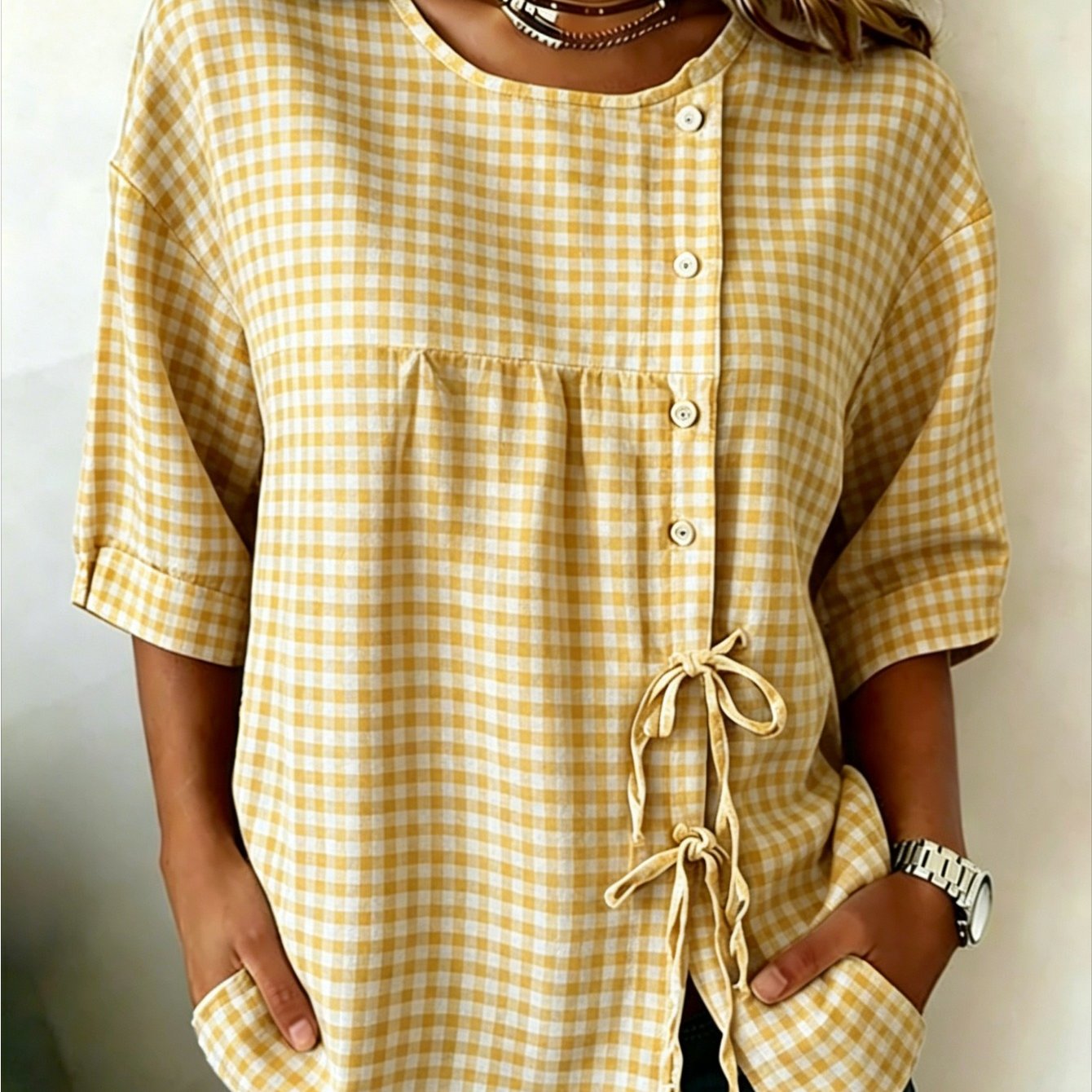 Image of Plus Size, Large Size Women's Short-sleeved Shirt Gray Print Button-up Shirt, Summer Style, Unique Lace-, Fashionable And Versatile, Style, Round Neck With Button-up