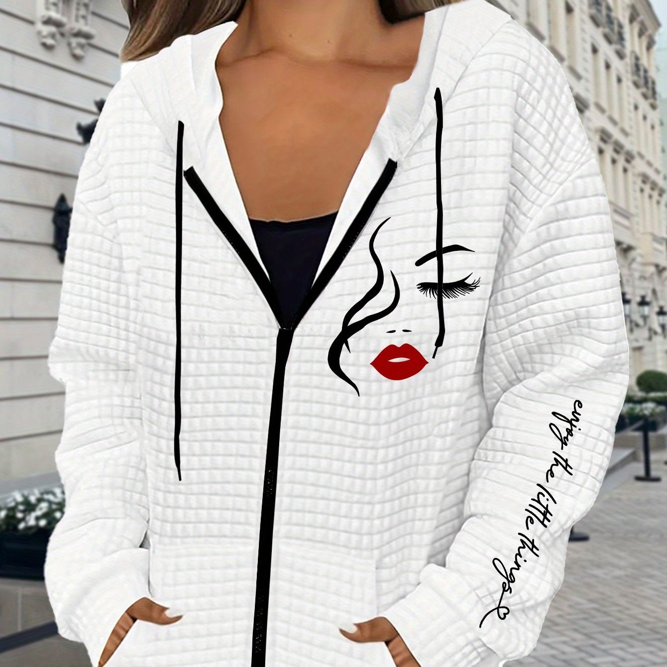 TEMU Veste décontractée à capuche pour femmes avec imprimé portrait et lettrage, manches longues et , vêtement extérieur lavable en machine pour