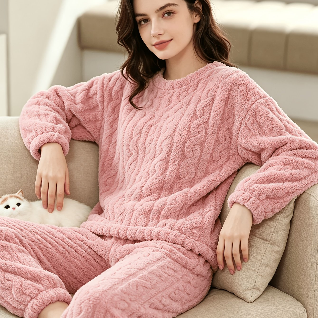 Image of 2pcs Coral Fleece Jacquard Warm Set Women's Autumn Winter Thickened Fleece-lined Warm Couple Wear