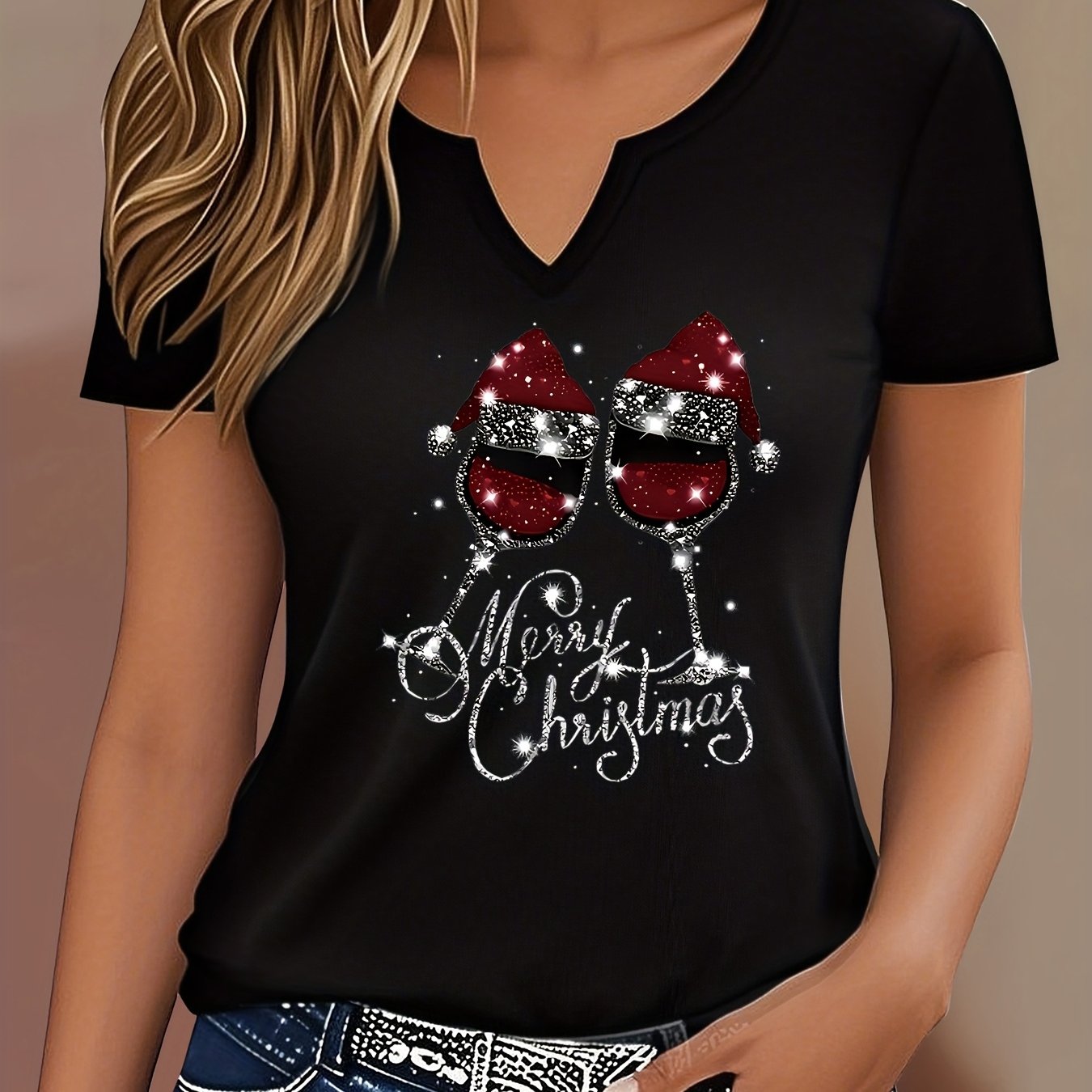 TEMU Fashion Christmas New Women's Black Short Sleeve -neck Printed T-shirt Top
