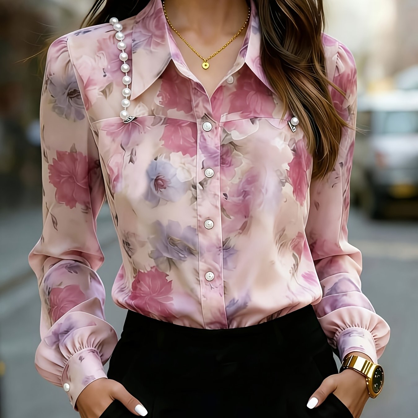 TEMU Chemise à manches longues pour femmes, et tendance, de petits floraux et de détails de chaîne de perles, style décontracté et professionnel,