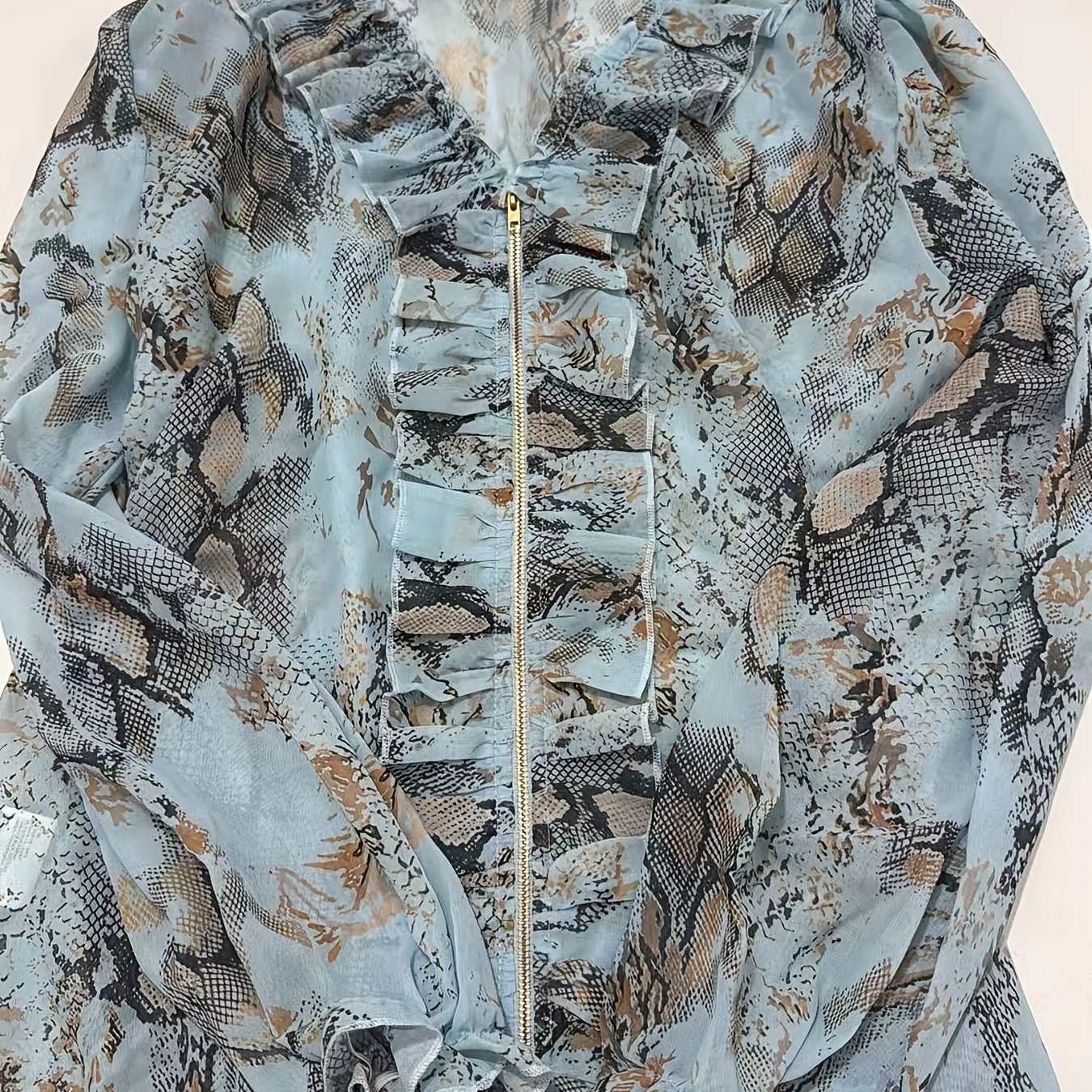 TEMU Zllz Fashion Elegant Chiffon Printed Front Zipper Blue Long Sleeve Shirt