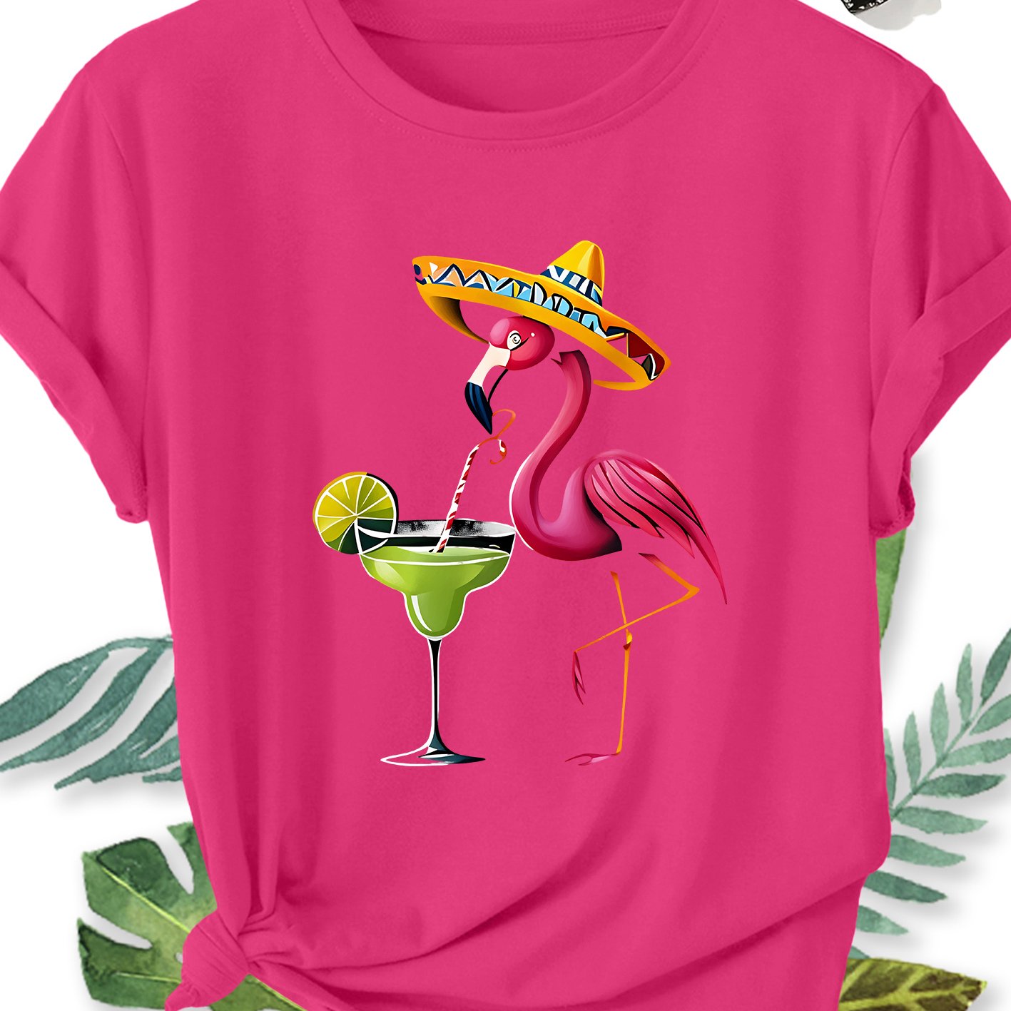 TEMU Women's Elegant Style Plus Size Short Sleeve, Flamingo Mexican Style Printed Round Neck Comfortable Soft Breathable Summer Short Sleeve Gift,