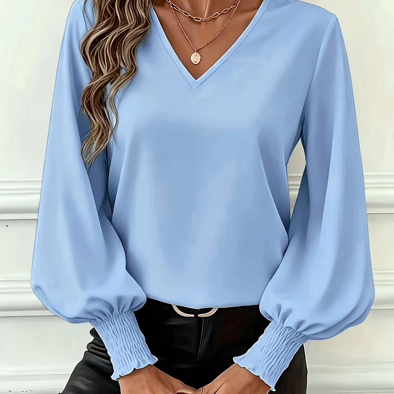 TEMU Elegant Solid Color Lantern Sleeve Blouse For Women - Beautiful V-neck Long Sleeve Shirt With Sleeve Design, A Simple Long Sleeve Top Suitable