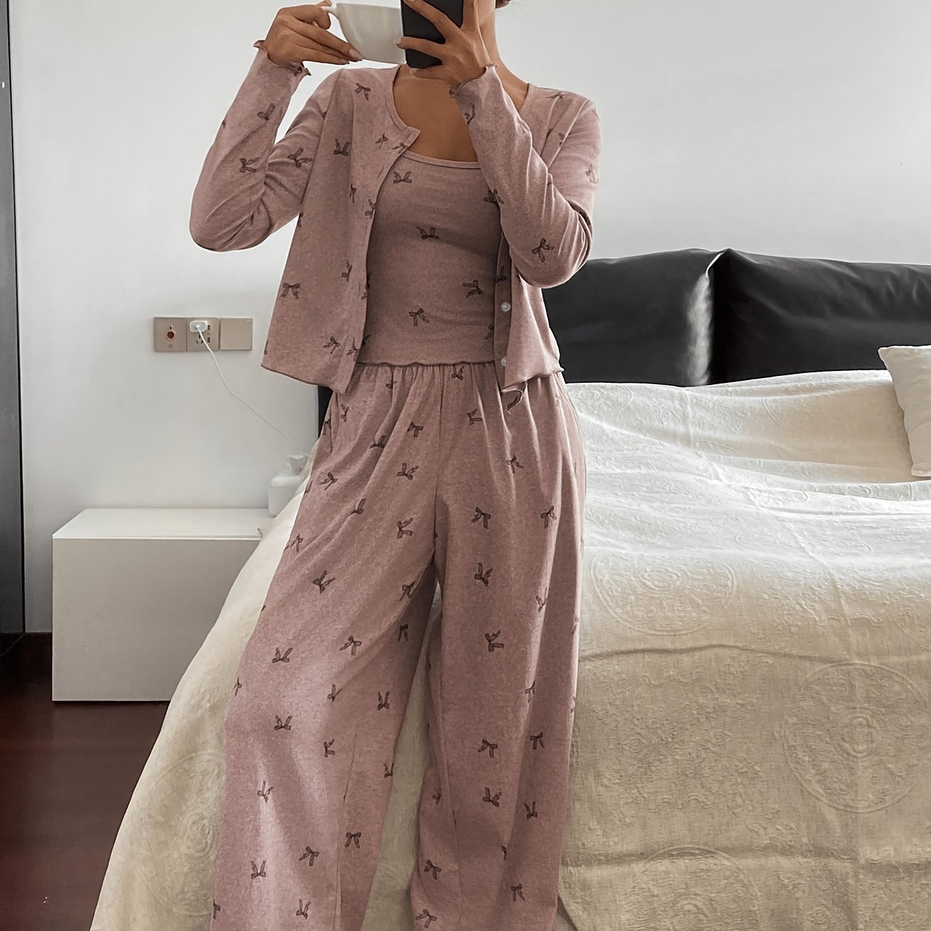 TEMU Vintage Pink Print Bow 3pcs Loungewear Set: Ruffle Long-sleeve Cardigan   Camisole   High-waist Wide-leg Pants, Soft And -friendly, European And