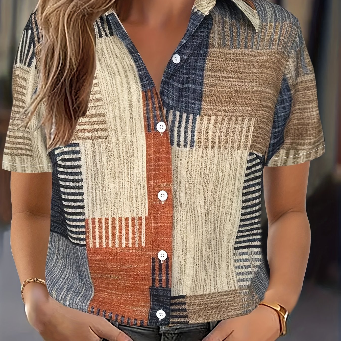 Plus Size - Plus Size - Women's Fashion Short Sleeve Shirt, Casual Lapel, 3d , Irregular Line Pattern, 100%, 120gsm