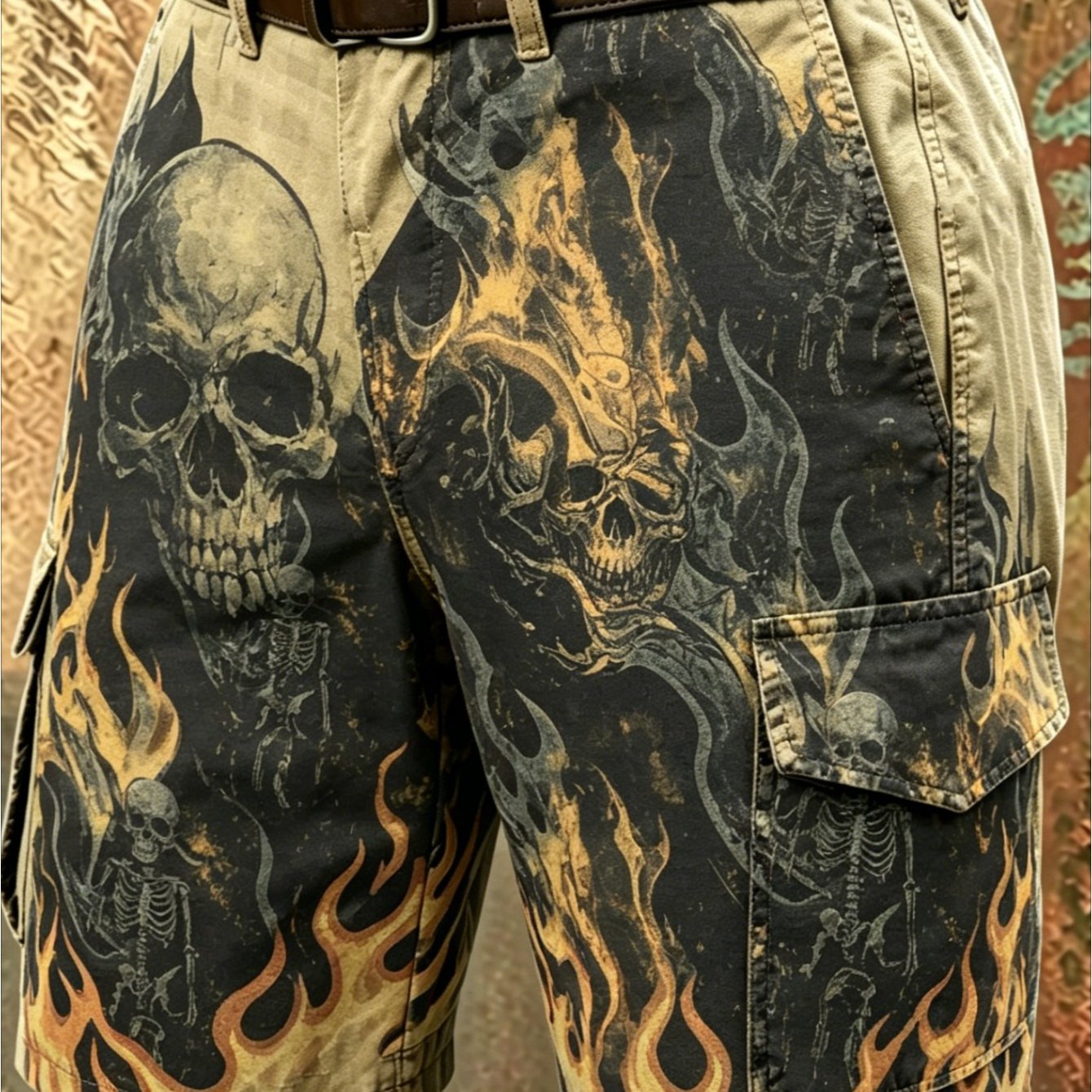 Image of 1pc Men's Gothic Skull & Flame Print Cargo Shorts, Vintage Skeleton & Fire Pattern Casual Multi- Shorts, Khaki & Black Color, Breathable Fabric For Streetwear, Biker Style And Daily Wear