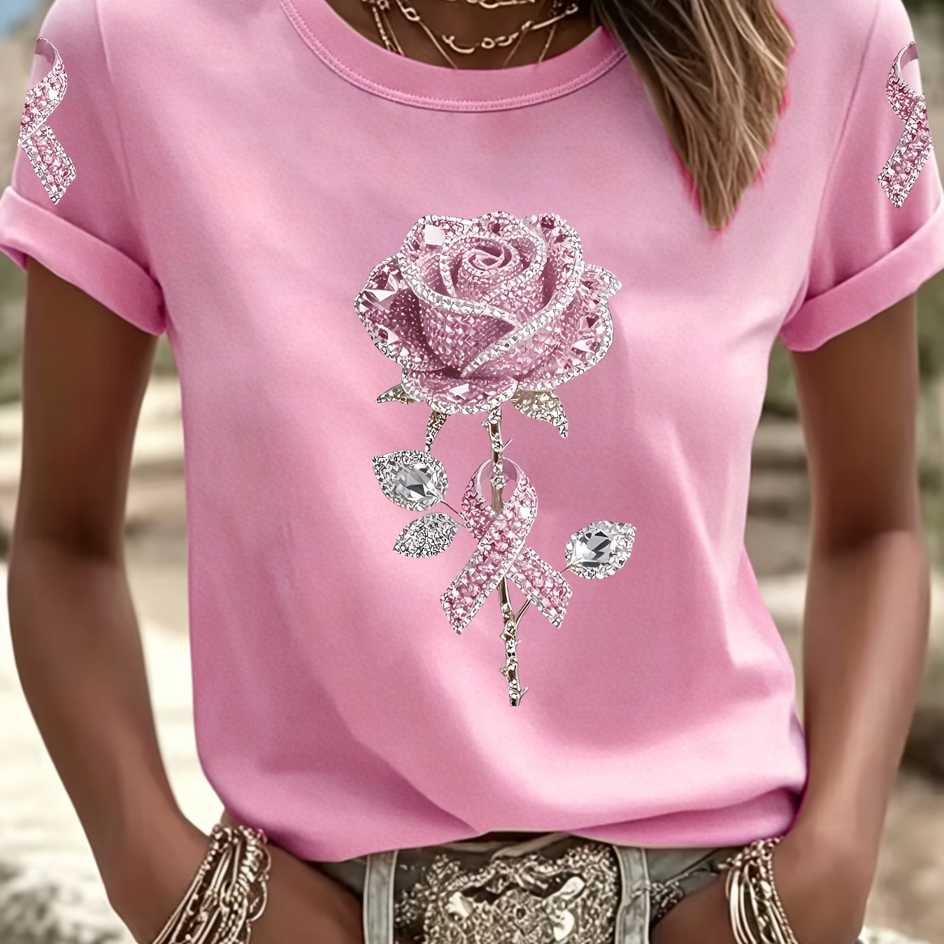 TEMU Women's Round Neck T-shirt With Golden And White Glitter Rhinestone Iron-on Print, Pink And White Gradient Rose, Exuding A , Relaxed 's Apparel.