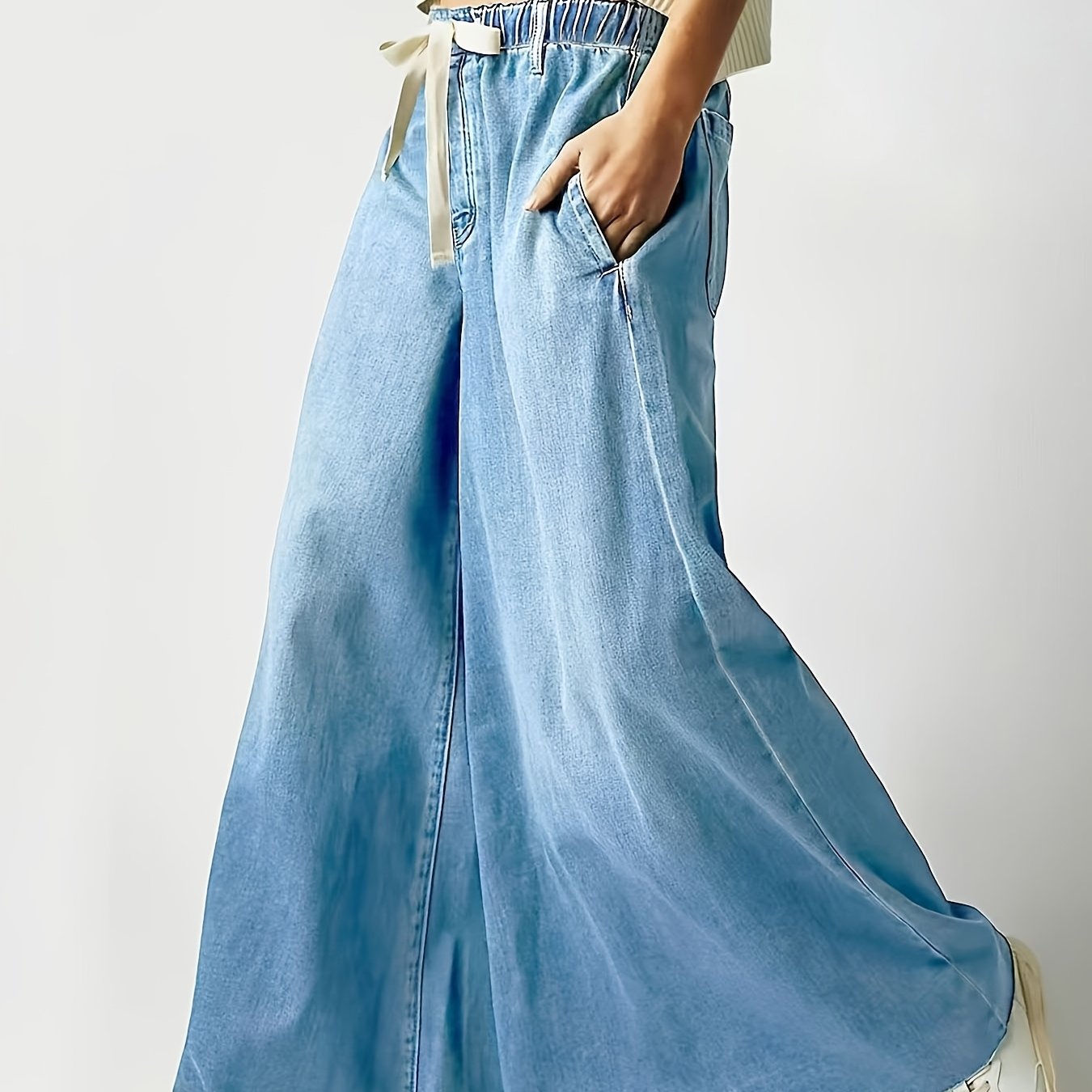 Image of Women's Fashion Loose Comfortable Skirt Pants, Drawstring Tight Waist Jeans, Wash Blue Trendy Wide Leg Trousers, Season Wearable