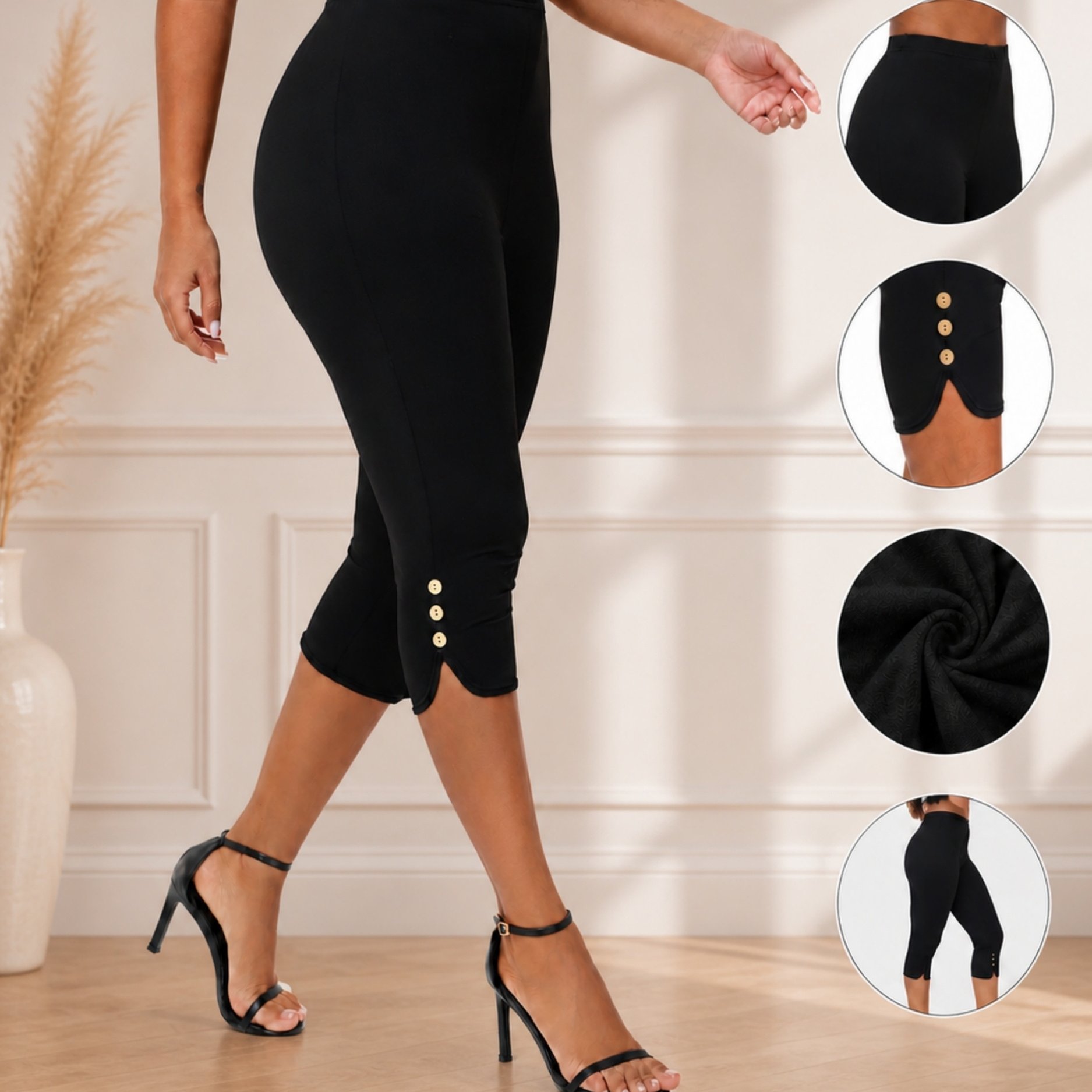 Plus Size - Plus Size - Plus Size Ženske Capri hlače z gumbovimi detajli imitacije lesa, eleganten ukrivljen rob, visoko raztegljiva udobna