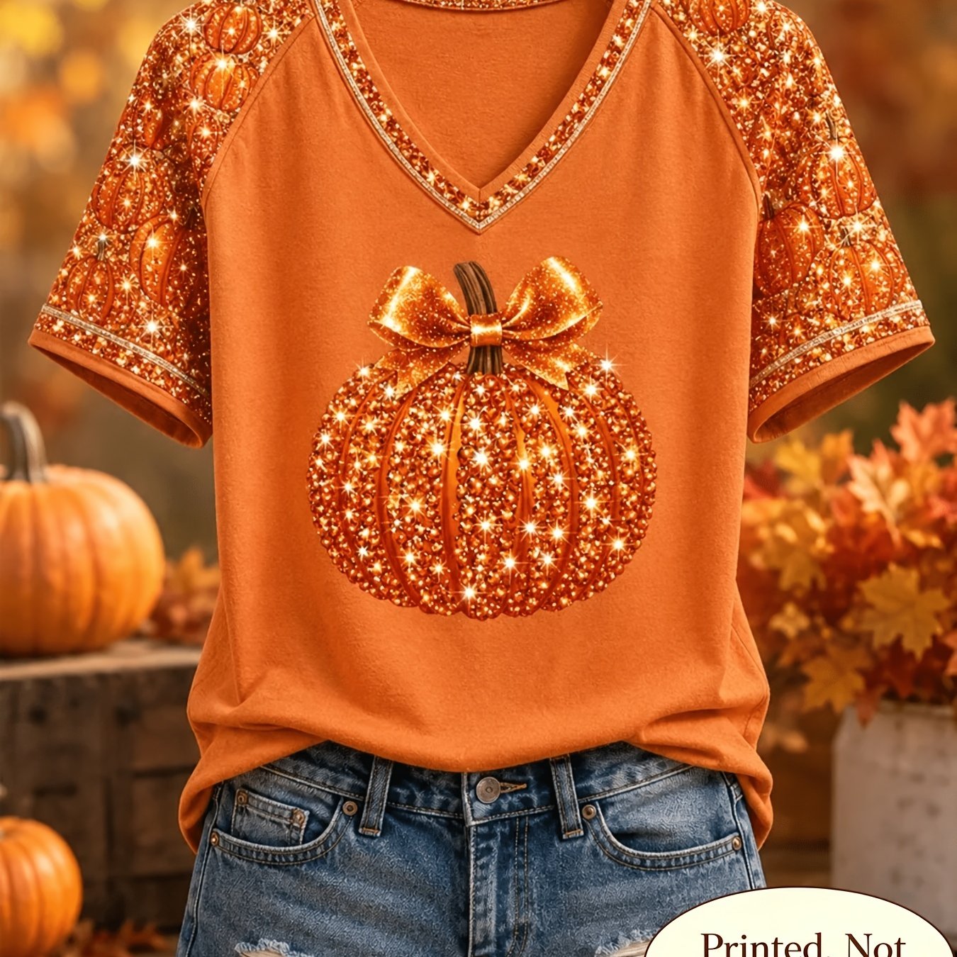 TEMU Women' Sequin Pumpkin Print Raglan T-shirt - Short Sleeve, Perfect For Autumn, Halloween, And Casual Wear, Loose Fit Everyday Top, Machine