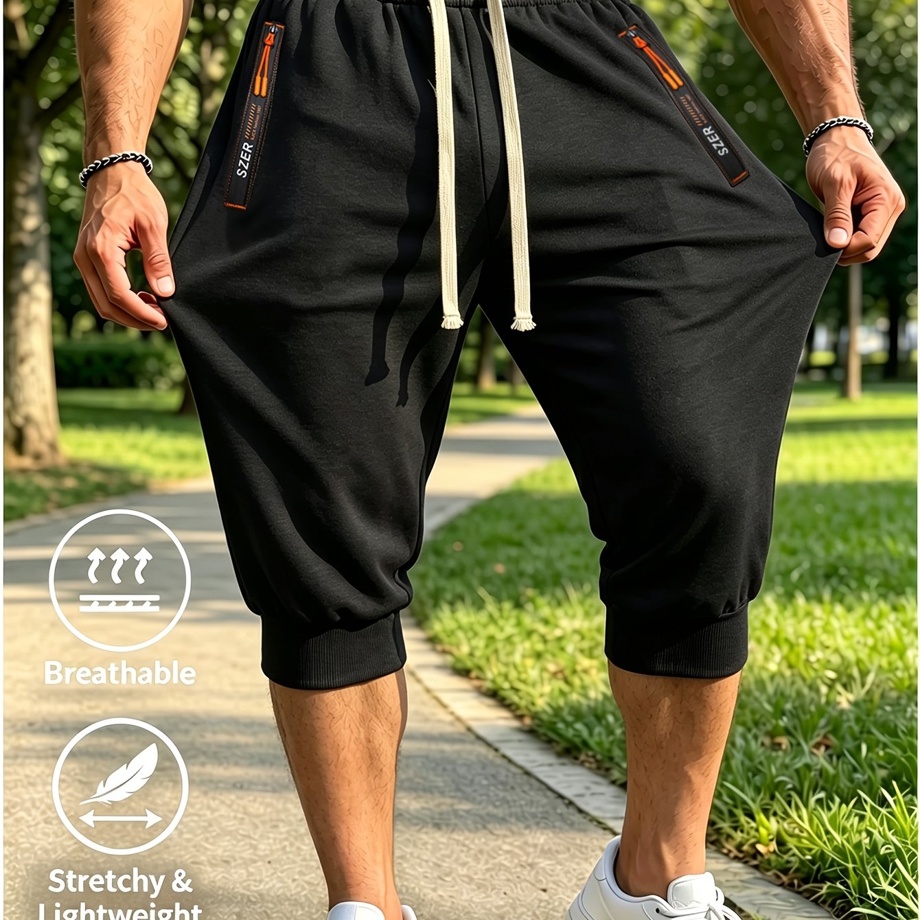 TEMU Men's Lightweight Breathable Summer Cropped Jogger Pants With Elastic Drawstring Waist, Zipper Pockets, Stretchy , Athletic Casual Skinny