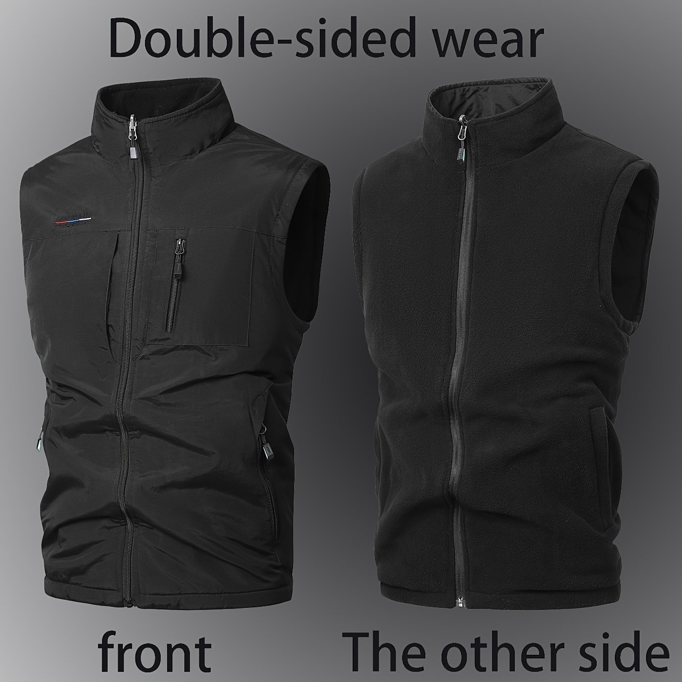 Image of Reversible Fleece Lining Men's Vest For Winter Thickened Men's Waistcoat Stand Collar Fishing Gear Multi-pocket Vest, Wash Label Inside Pocket