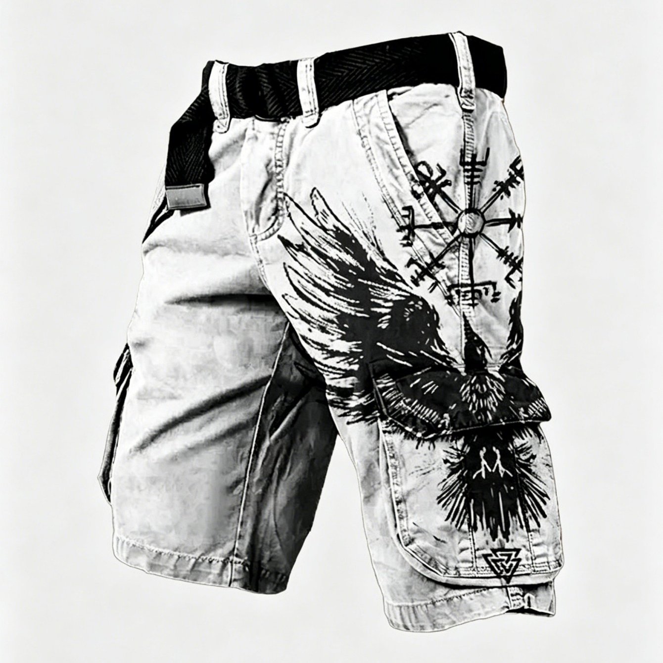 Image of New Arrival Men's Belted Cargo Shorts Comfortable Breathable Fabric With Black And Viking Totem Print Ideal For Daily Date Outdoor Street Wear Great Gift For Men's Clothing, Plus Size