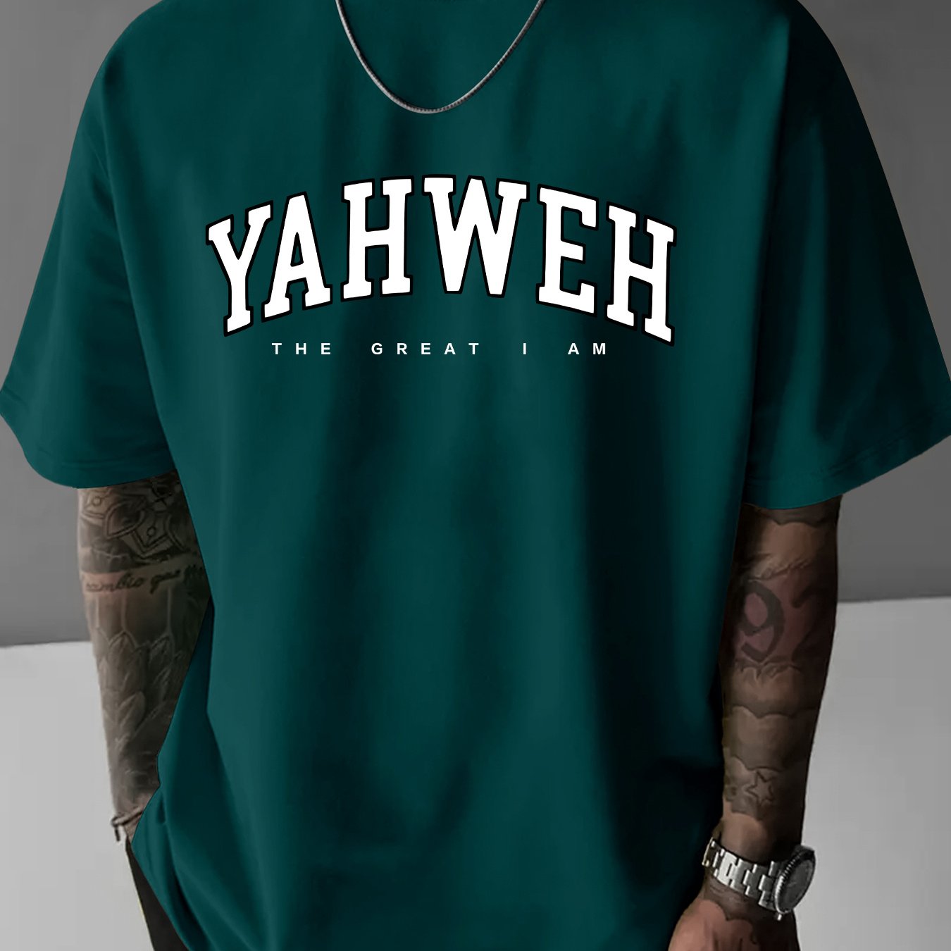 TEMU Men's Casual Loose Fit Round Neck T-shirt - "yahweh I Am" Graphic, Dark Green, Short Sleeve, Comfortable Summer Tee For Men And Women, Everyday