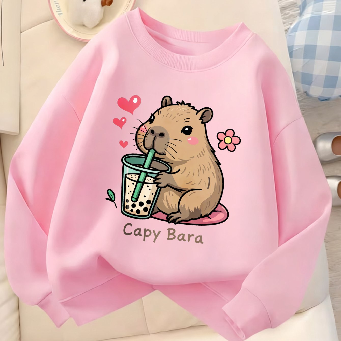 Image of Capybara Drinking Bubble Tea Print Crewneck Sweatshirt Pure Terry Fleece Thickened Casual Autumn Winter Kids Daily School Outdoor Gift