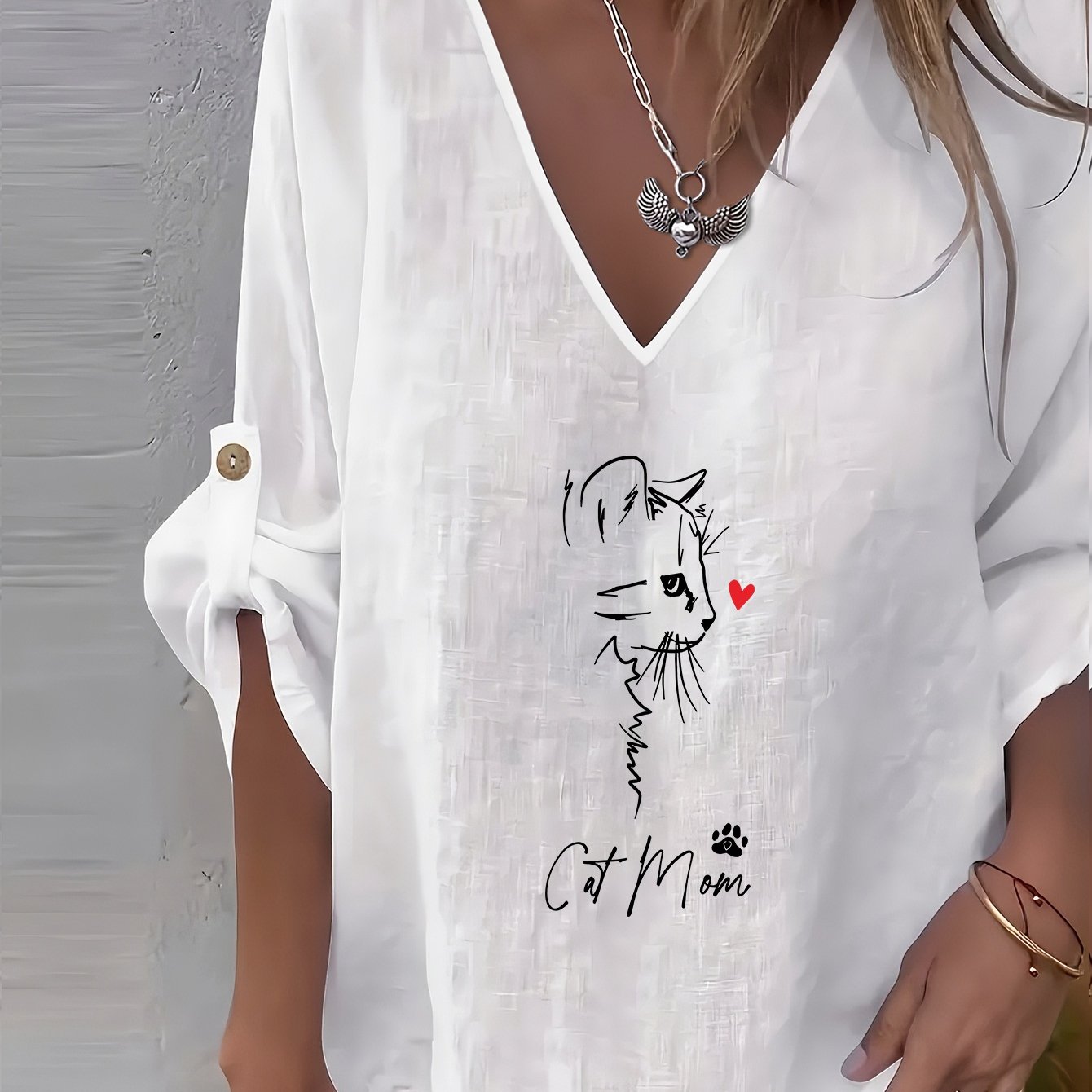 TEMU Elegant Women's Shirt - Solid Color V-neck Casual Fashion Top With "cute Cat" Iron-on Print, Button Detail Design, Loose Fit Suitable For