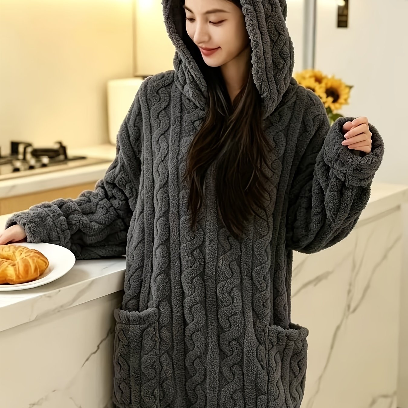 TEMU Women's Autumn Winter Coral Fleece New Solid Color Cable- Hooded Black Nightgown Robe Long Cute Wear Pajamas