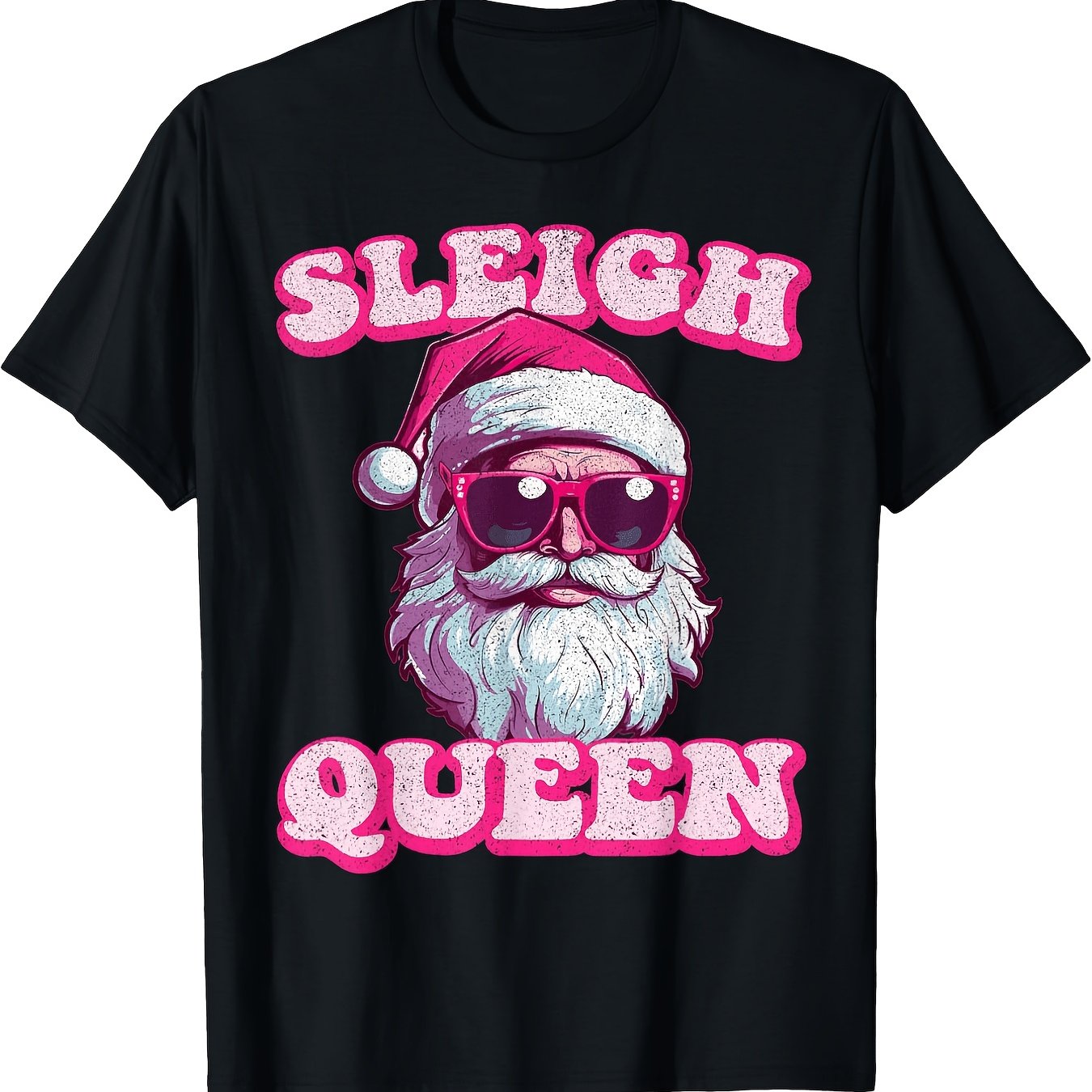 TEMU Groovy Retro Christmas Santa Sleigh Queen T-shirt Cotton Printed Shirts Loose Fit Short Sleeve T-shirt, Suitable For Outdoor Or Casual Wear