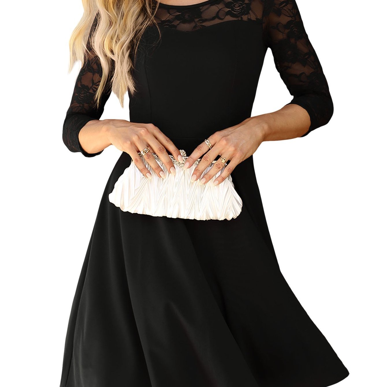 Image of Elegant Lace Panel Midi Dress For Women 3/4 Sleeve Design Casual Office Party Wear Spring Summer Fashion