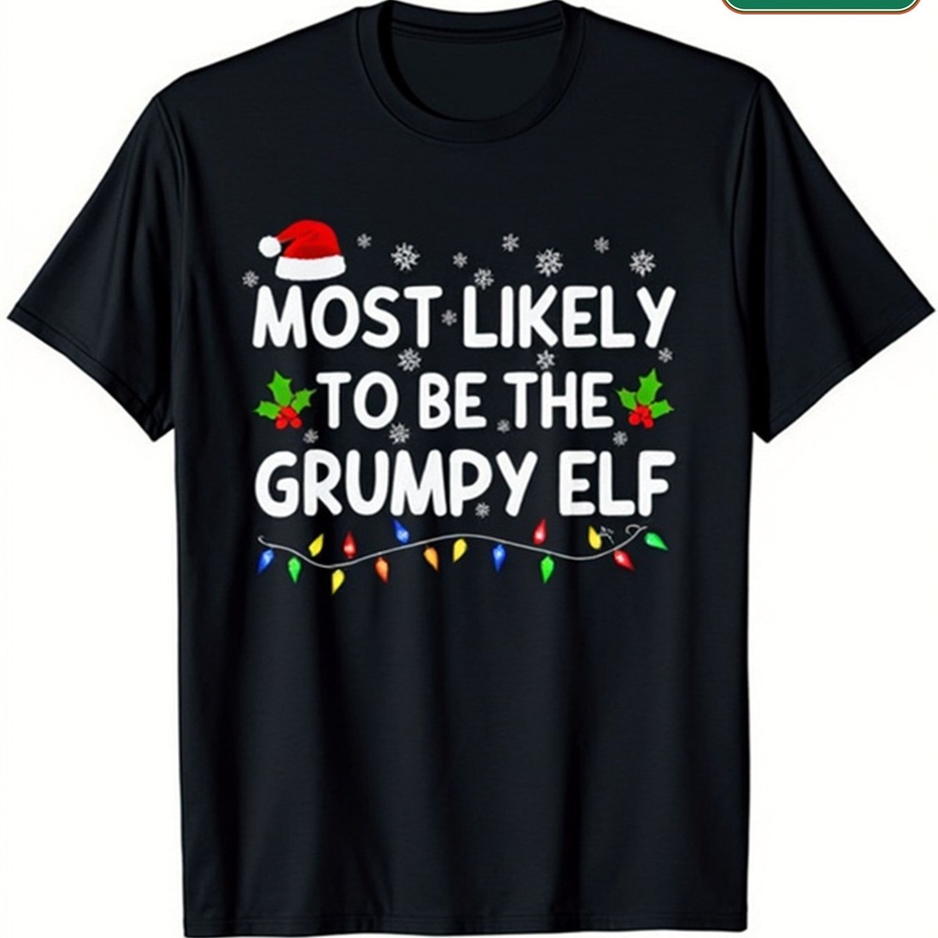 TEMU Men's Funny Christmas T-shirt - Elf Santa Hat Graphic Tee - Crewneck Shirt For Holiday Parties Gifts - Black With Red Green Accents - Durable