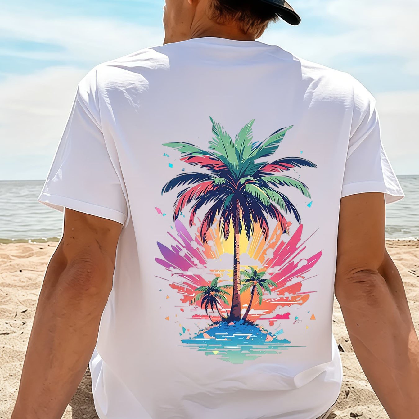 Image of Men's Summer Palm Tree Graphic T-shirt Glow Print Oversized Crew Neck Short Sleeve Casual