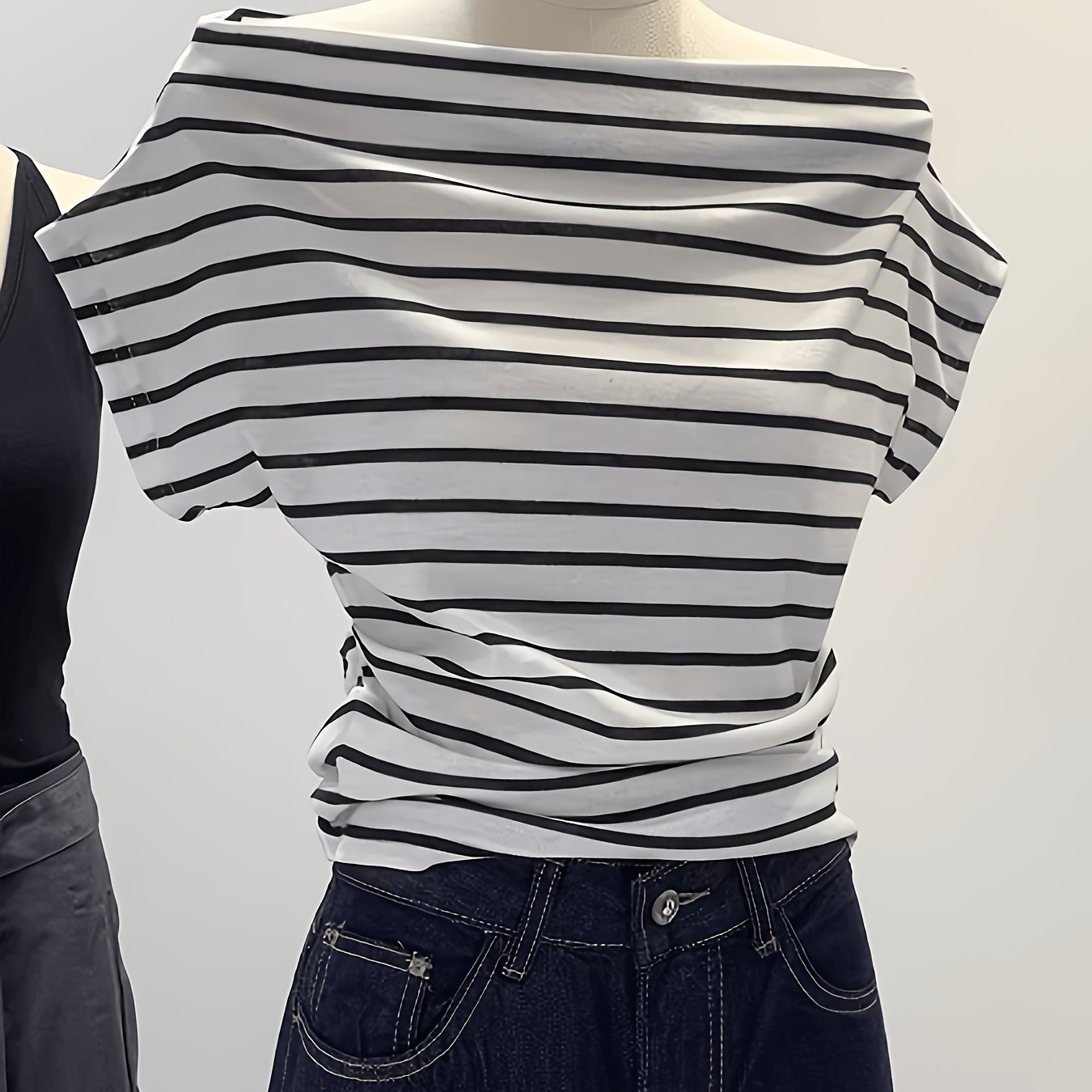 TEMU High-end Designer Off-the-shoulder Striped Short-sleeve T-shirt For Women, 2026 Summer New Arrival, Off-shoulder Crop Top