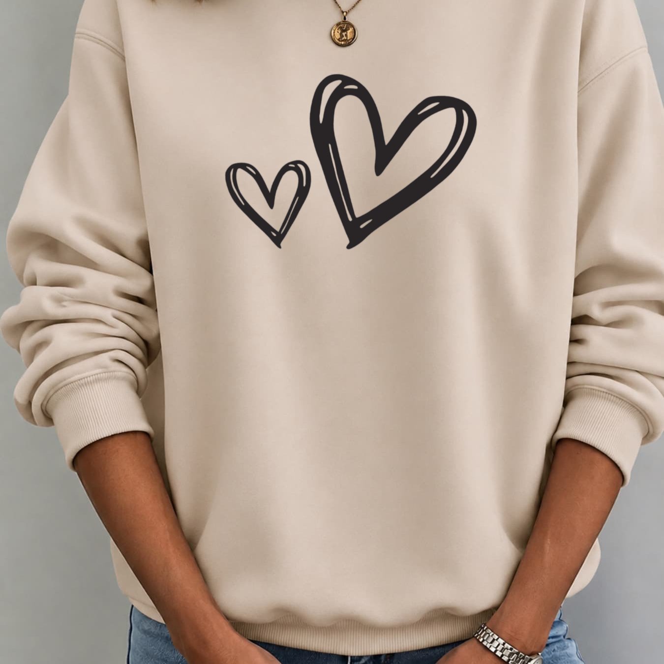 Image of Autumn/winter New Pullover Women's Casual Loose Fit Crewneck Sweatshirt With Heart Print, Breathable & Stylish For Daily Wear