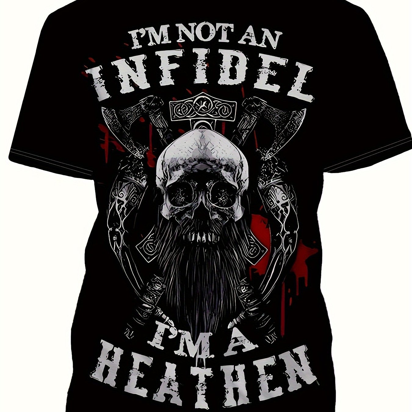 TEMU Men's Viking Pattern T-shirt - Norse Pagan Theme With " A Pagan, I'm A " Slogan - Heavy Black Crew Neck Top For Gym, Concerts & Everyday