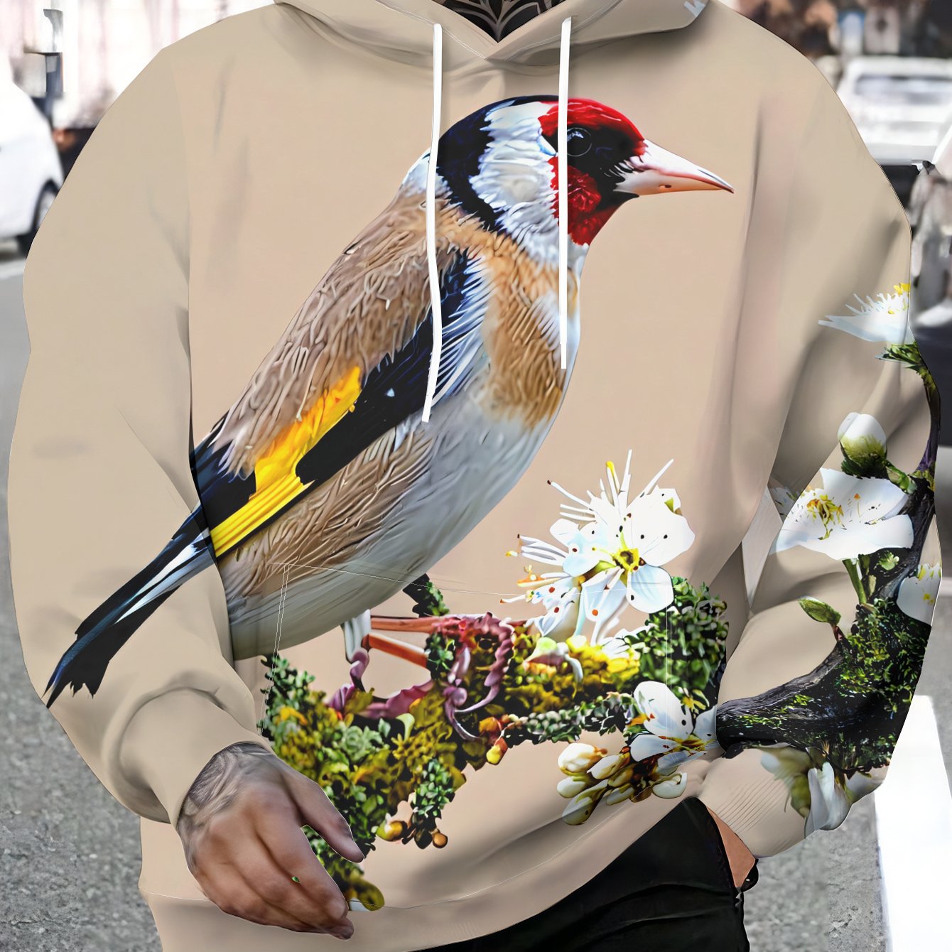 TEMU Sudadera con Capucha de Moda, Sudadera Deportiva Casual con Pajarito Dorado con Flores Blancas y Bolsillo Delantero - Elástica, Adecuada para