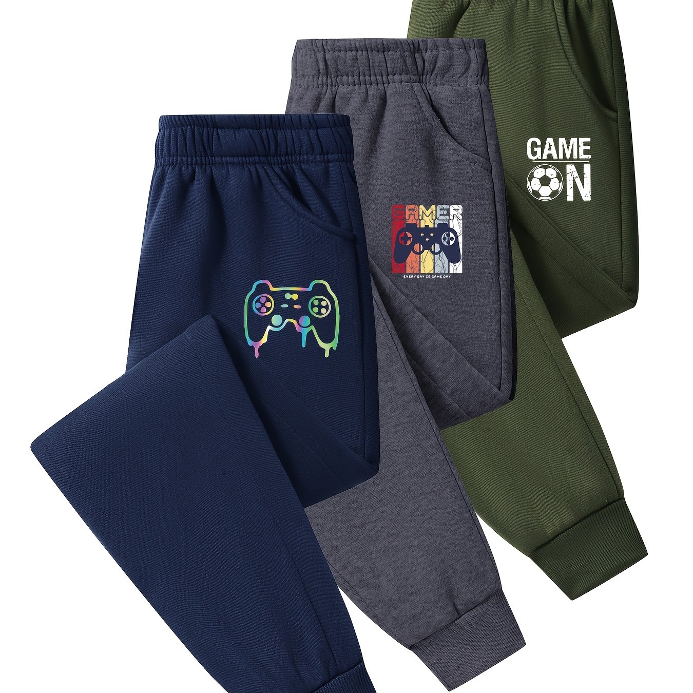 Image of 3-pack Boys' Game Controller Print Jogger Pants With Elastic Waistband, Comfortable Fabric, Suitable For Indoor Or Outdoor Wear, Perfect For Outdoor,christmas,halloween