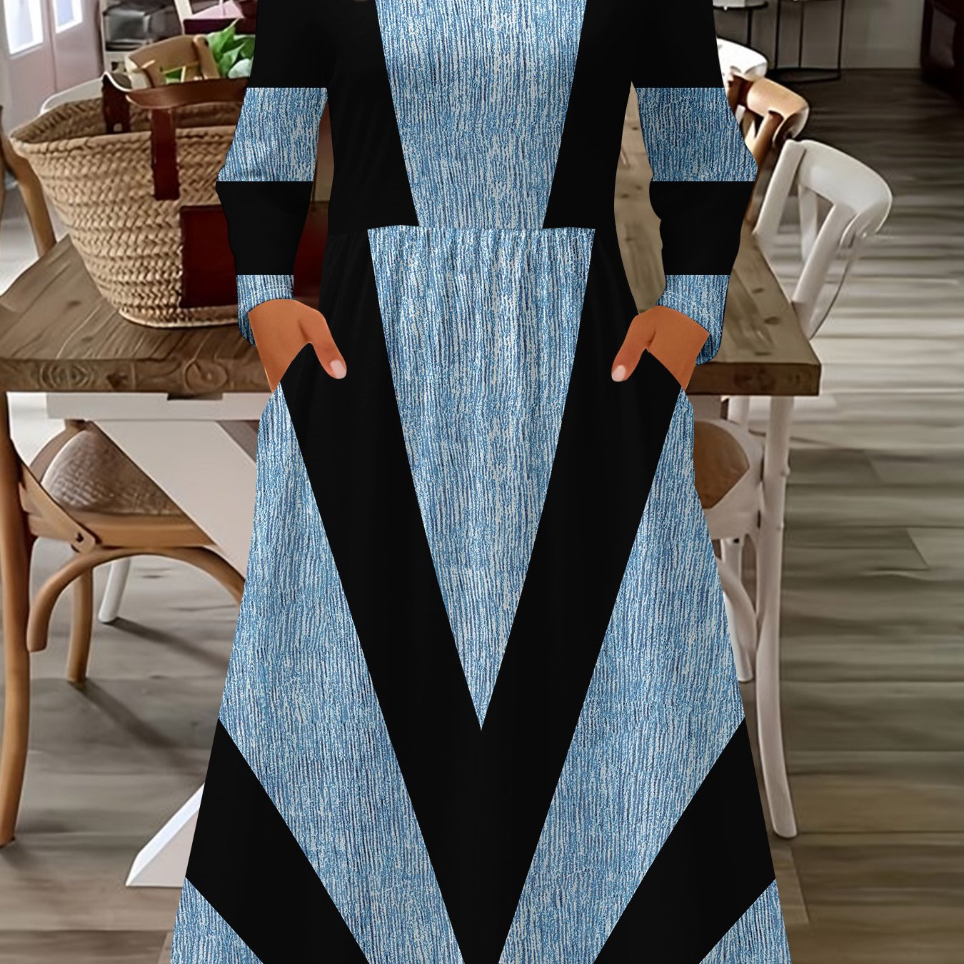 TEMU Plus Size - Plus Size - European And Round Neck Long Sleeve Pocket Long Dress 1566