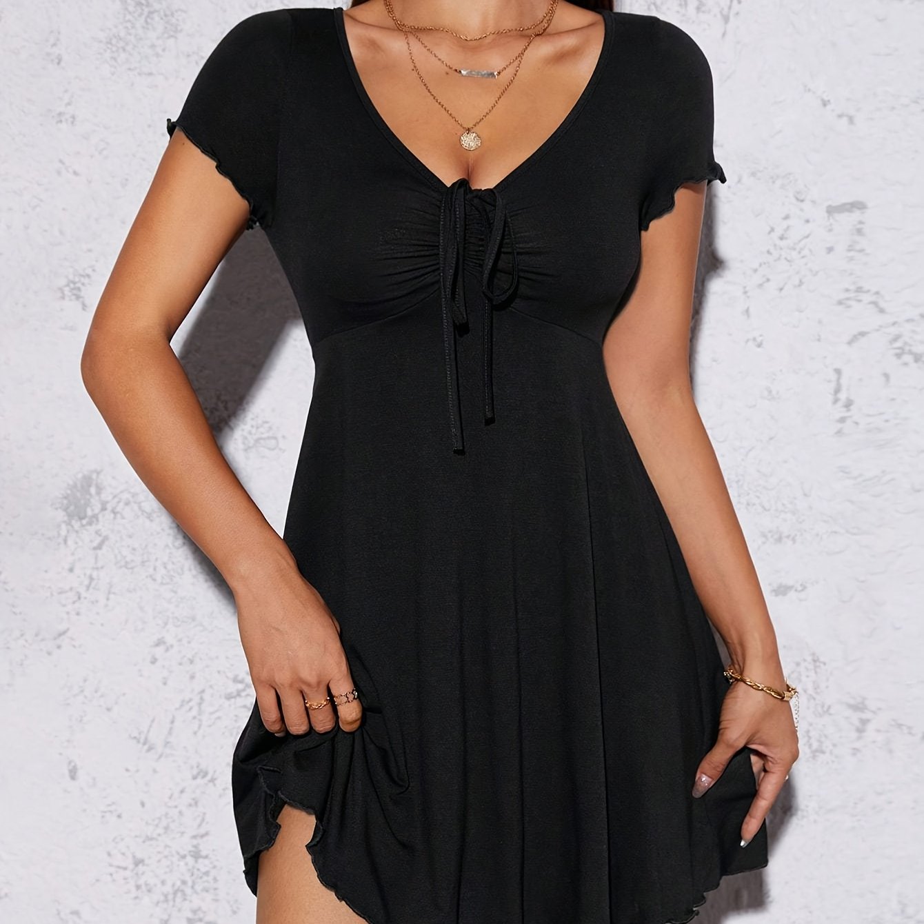 TEMU Elegant Special Summer Solid Color V-neck Ruffle Short Sleeve Dress